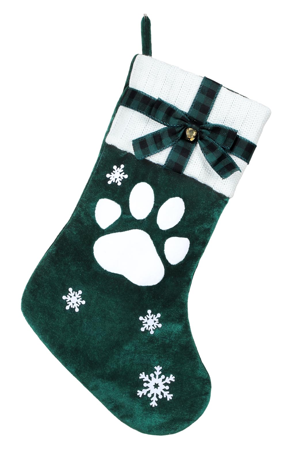 HMASYO 20 Inch Green Velvet Personalized Pet Christmas Stocking - Embroidered Paw Design with Bow & Knitted Cuff for Dogs & Cats | Perfect for Family Holiday Decor, Fireplace Mantel & Gift Exchange