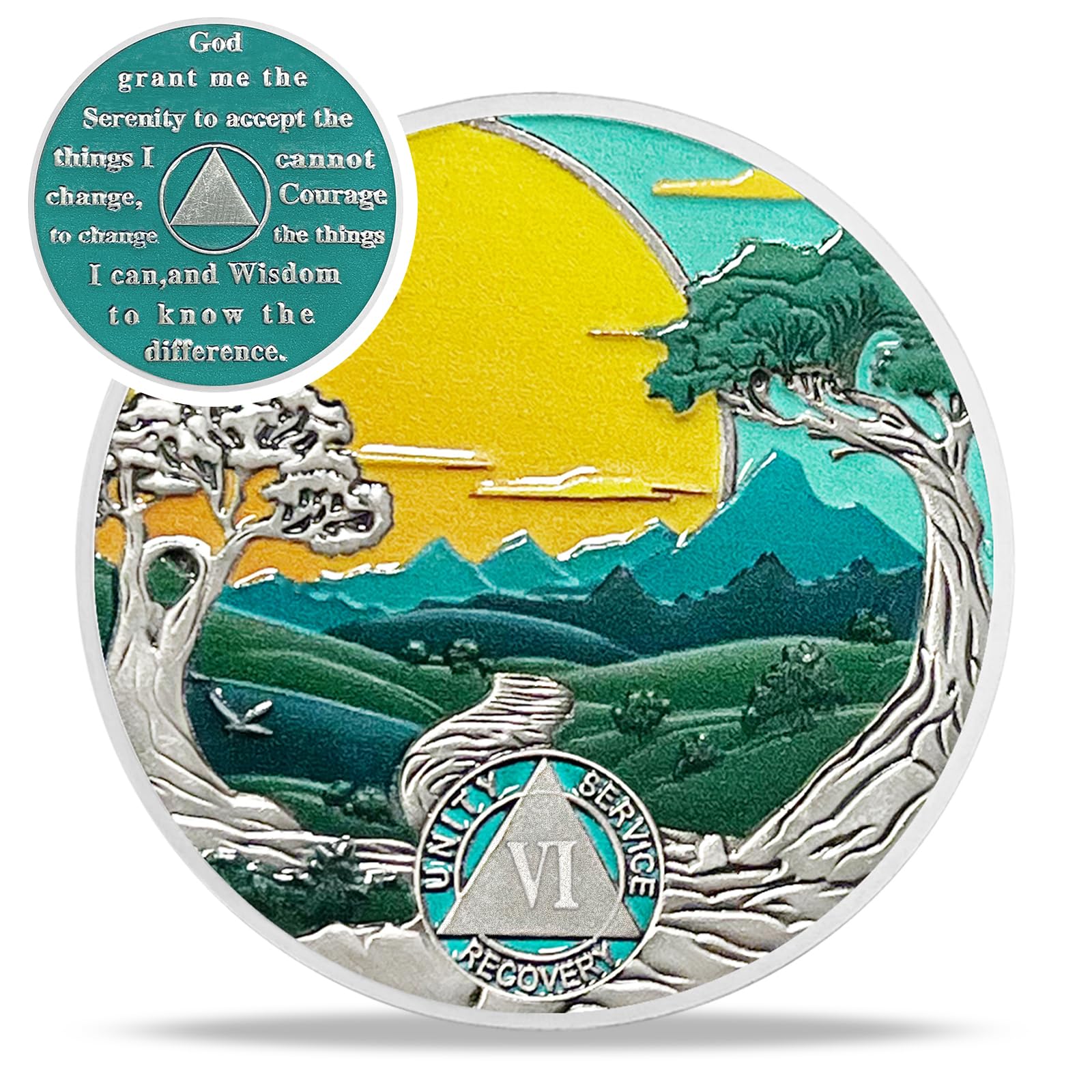 Green Forest 6 Year Sobriety Coin - AA Recovery Medallion with Mountain Tree Design - 1-20 Year Sobriety Chip for Alcoholics Anonymous - Inspirational Gift for Men & Women in Recovery - Perfect for AA Meetings, Milestone Celebrations & Personal Motivation