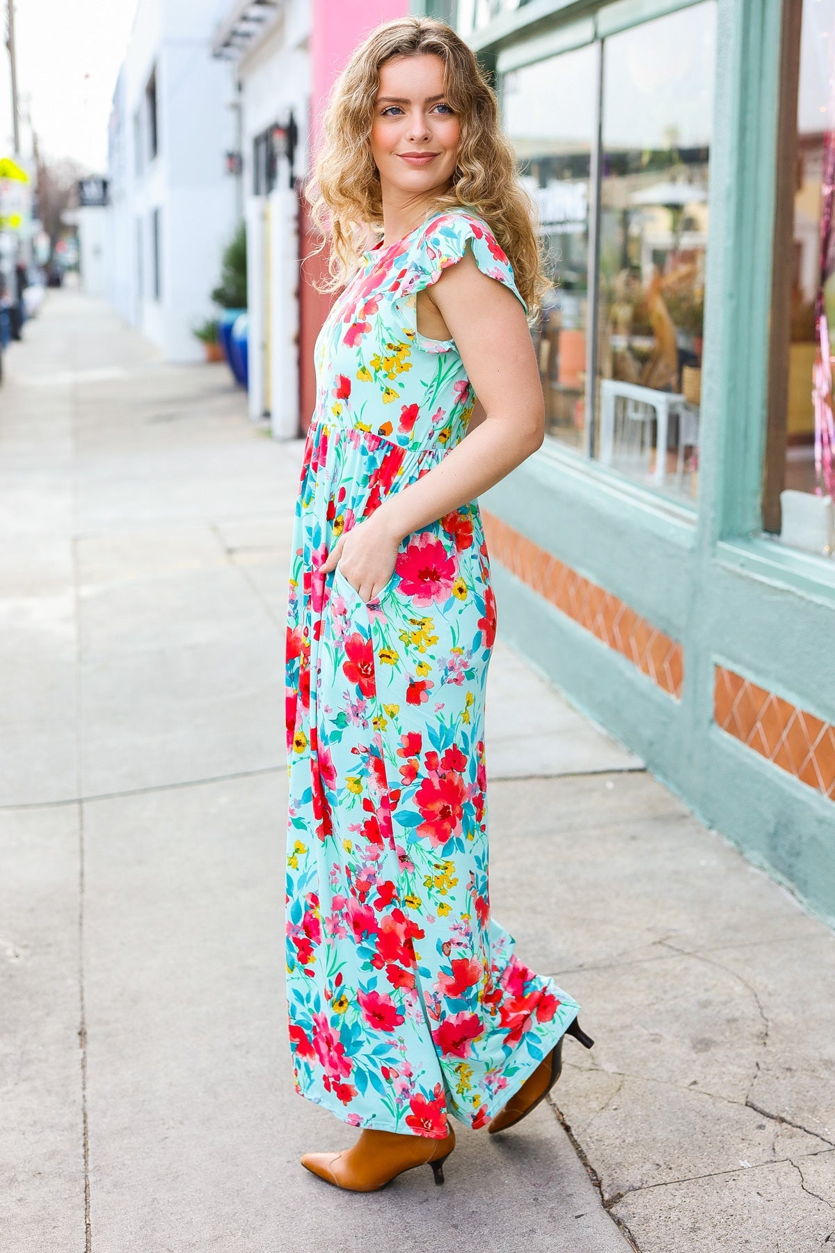 Aqua Floral Fit & Flare Maxi Dress for Women - Summer Beach Wedding Party Dress - Flowy Long Dress with V-Neck & Ruffle Hem