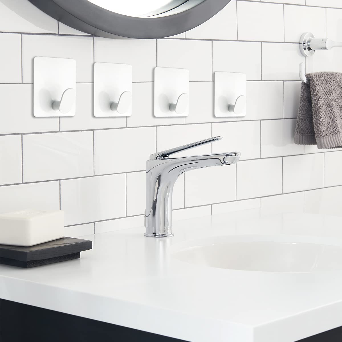 Stainless Steel Adhesive Hooks - 4 Pack White Wall Hooks for Bathroom, Kitchen & Entryway - Heavy Duty Towel Hooks, Coat Hooks & Utility Hooks - Perfect for Hanging Clothes, Hats, Robes, Bags, Keys & Shower Accessories