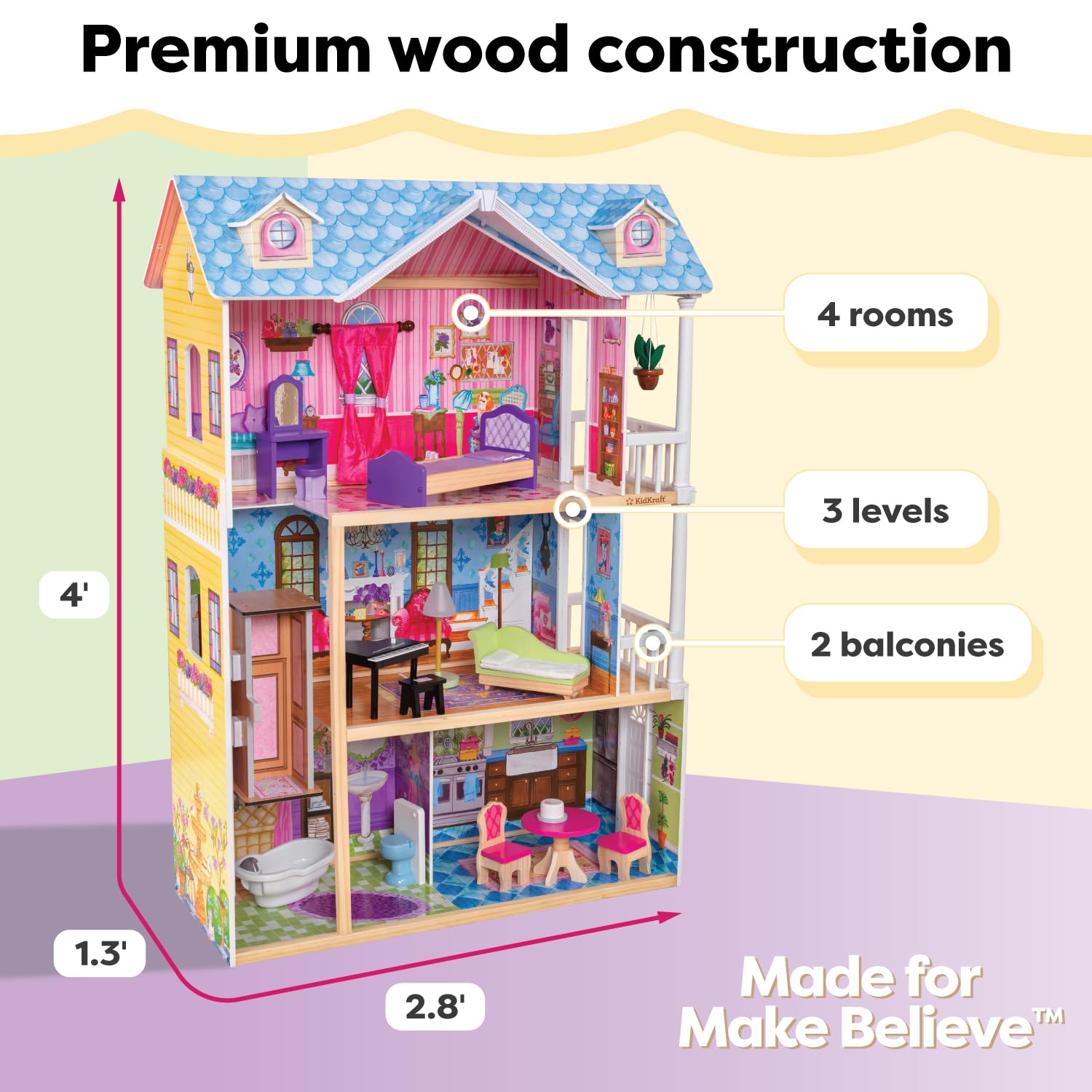KidKraft My Dreamy Wooden Dollhouse with Lights & Sounds - 3-Story Wooden Doll House with Elevator, 14 Accessories - Perfect Gift for Girls Ages 3+ | Pretend Play, Imaginative Play, Birthday Gift Idea