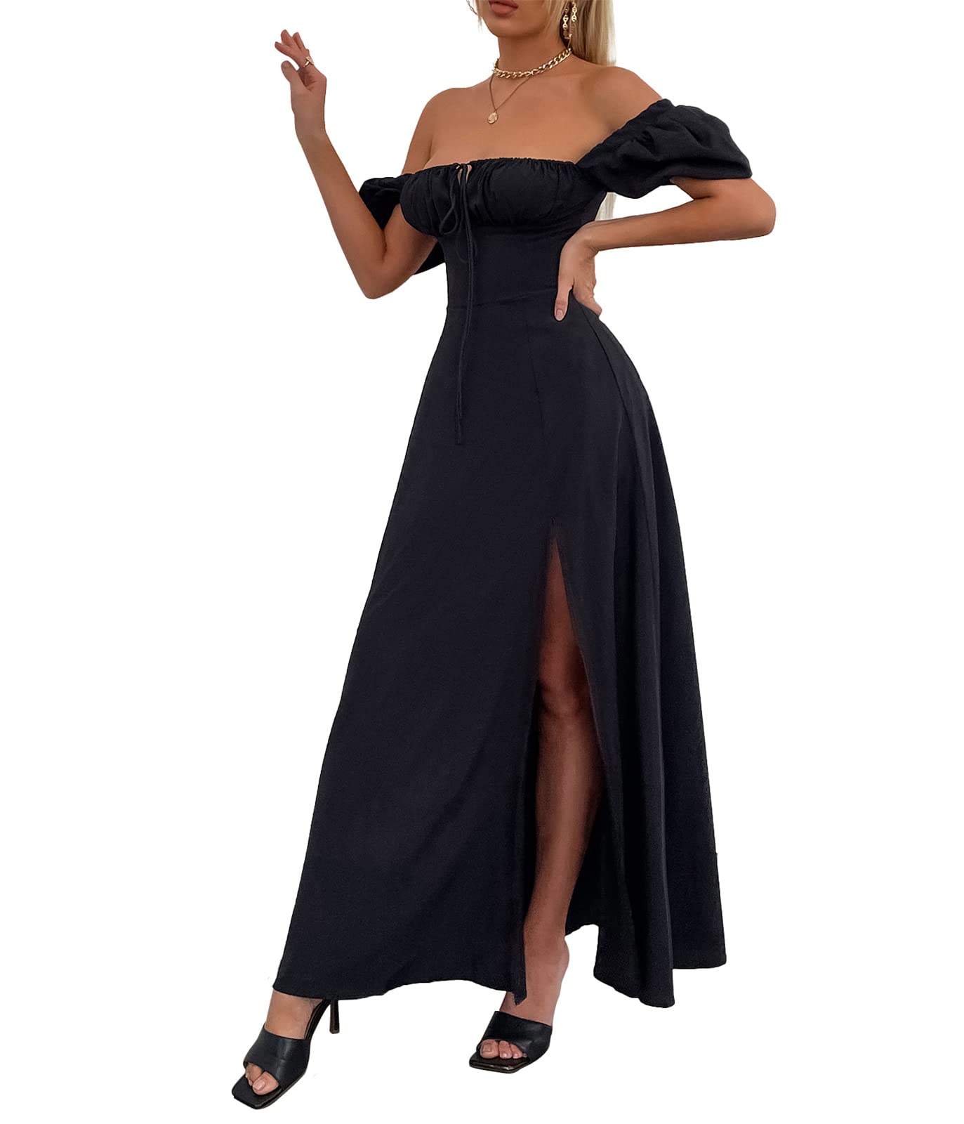 Women's Summer Puff Sleeve Floral Maxi Dress with Side Slit - Flowy A-Line Casual Beach Long Dress 2025 | Perfect for Vacation, Pool Parties & Summer Outings