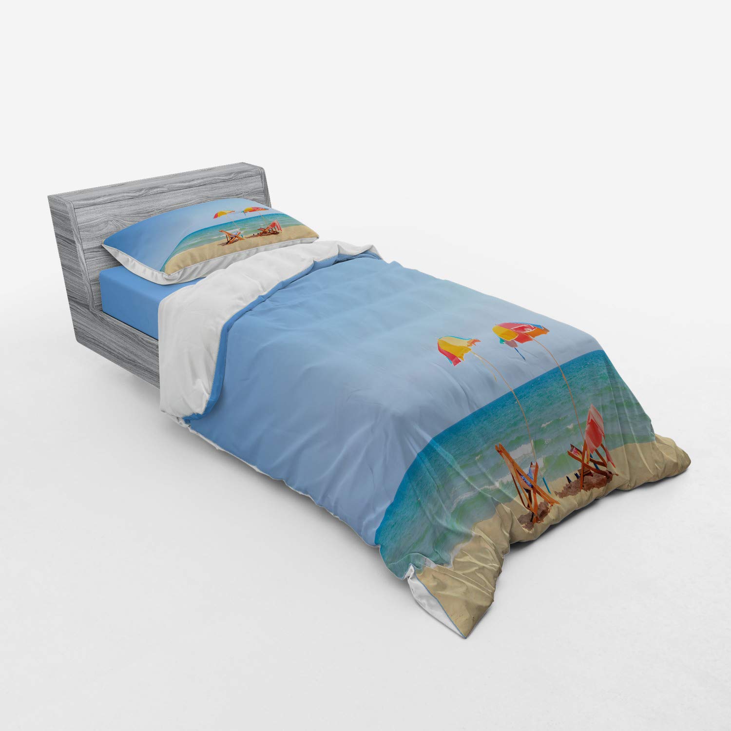 Ambesonne Seaside Duvet Cover Set - 3 Piece Beach Theme Bedding with Sham & Fitted Sheet, Twin Size Turquoise Beige - Coastal Decor for Bedroom, Vacation Home or Beach House Retreat