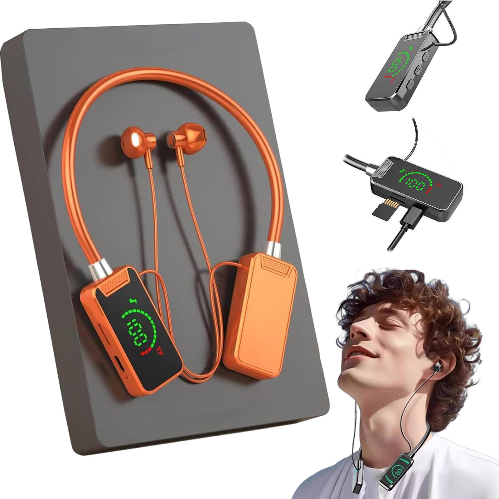 Wireless Sound Card Live Streaming Bluetooth Headphones with Display - Waterproof Neckband Earphones for Singing, Broadcasting & Audio Editing - Perfect for Karaoke, Podcasting & Live Performances (Orange)