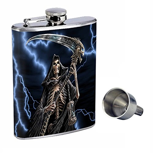 8oz Stainless Steel Whiskey Flask with Free Funnel - The Reaper Design for Outdoor, Camping & Travel | Durable & Leakproof Liquor Container
