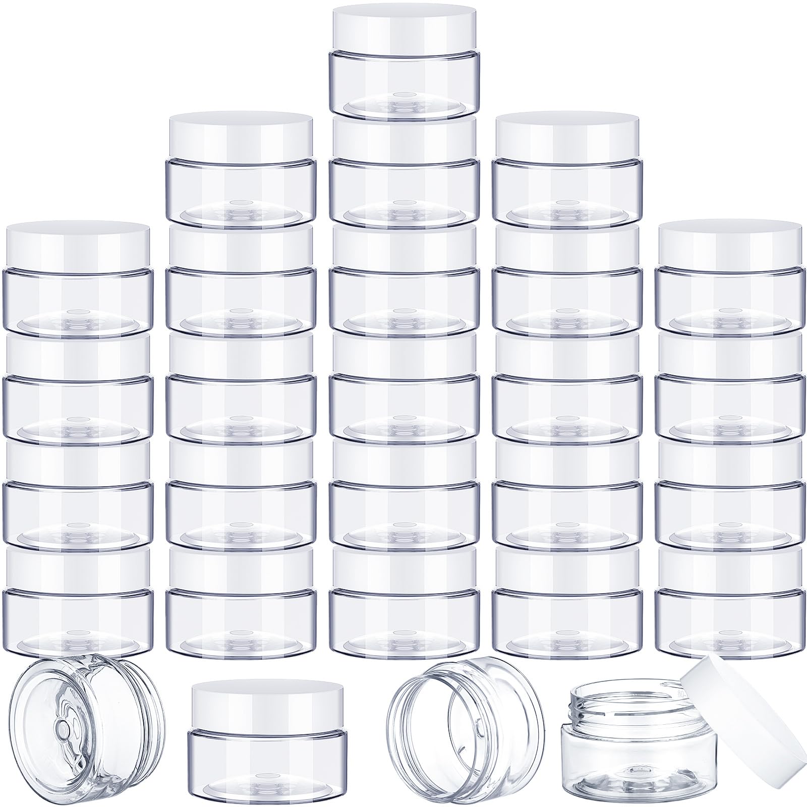 SATINIOR 100-Pack 1 oz Clear Plastic Jars with White Lids - Small Wide Mouth Containers for Lotion, Cream, Body Butter, Rhinestones & Travel Storage - Perfect for DIY Crafts, Beauty Products & Organizing Small Items
