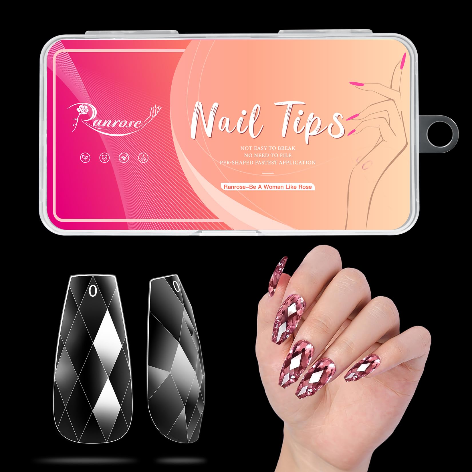 Ranrose 120PCS 3D Diamond Coffin Nail Tips - Medium Length Clear Acrylic Press On Fake Nails with Glitter Designs for Nail Extension, Salon & DIY | Perfect for Parties, Weddings & Special Occasions
