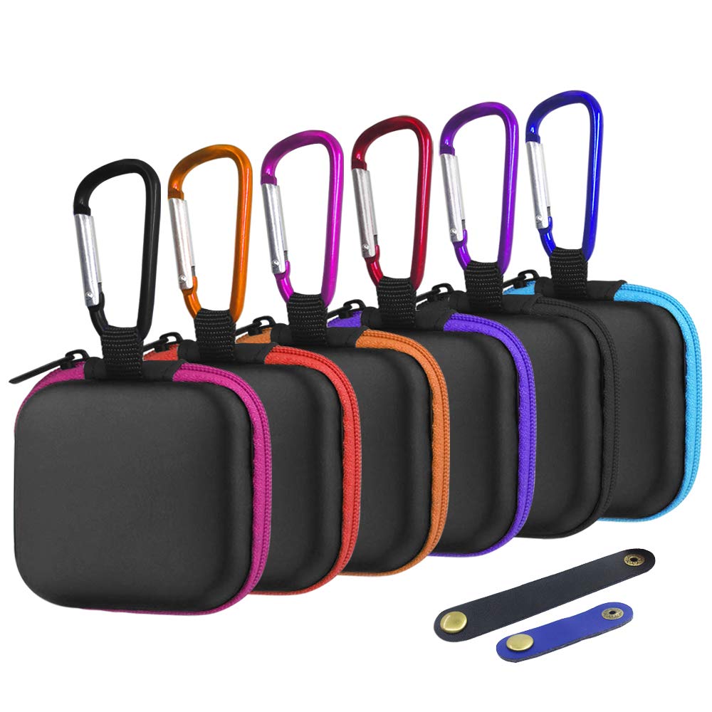 6 Pack Square Earbud Case with Carabiner Clip - Small Hard EVA Storage Bag for AirPods, Bluetooth Headphones & USB Drives (6 Colors) | Perfect for Travel, Gym & Daily Commute
