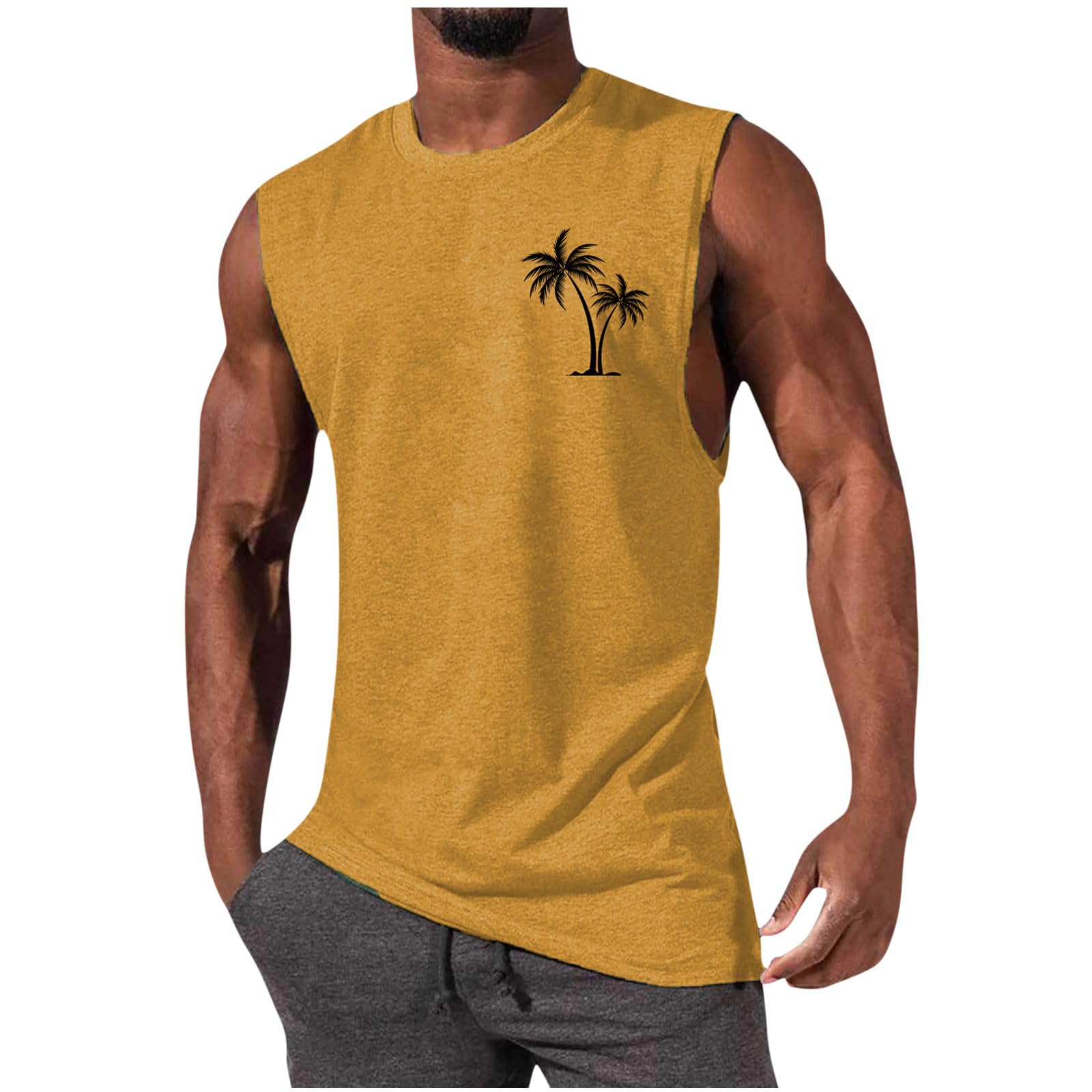 Men's Muscle Tank Tops - 2024 Summer Trendy Palm Print Sleeveless Shirts for Gym, Bodybuilding & Beach | Athletic Casual Wear for Workouts, Pool Parties & Summer Outings