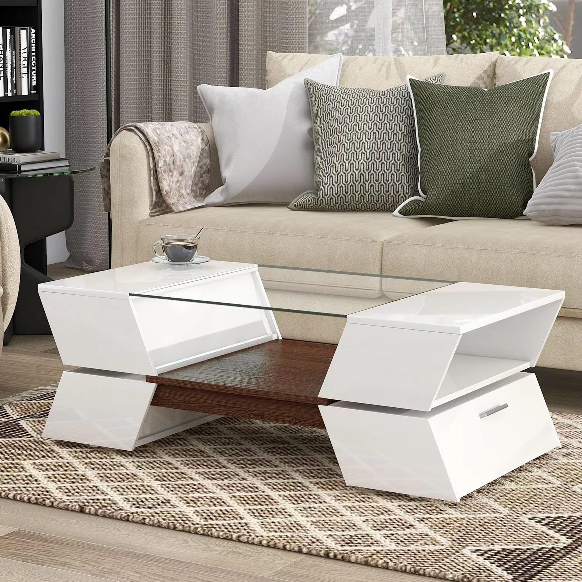 Modern 2-Tier Rectangular Coffee Table with Tempered Glass Top - Open Shelves & Storage Cabinets - 44.8 x 22.2 x 14.9 Inch Living Room Center Table - Perfect for Small Spaces, Apartments & Home Decor