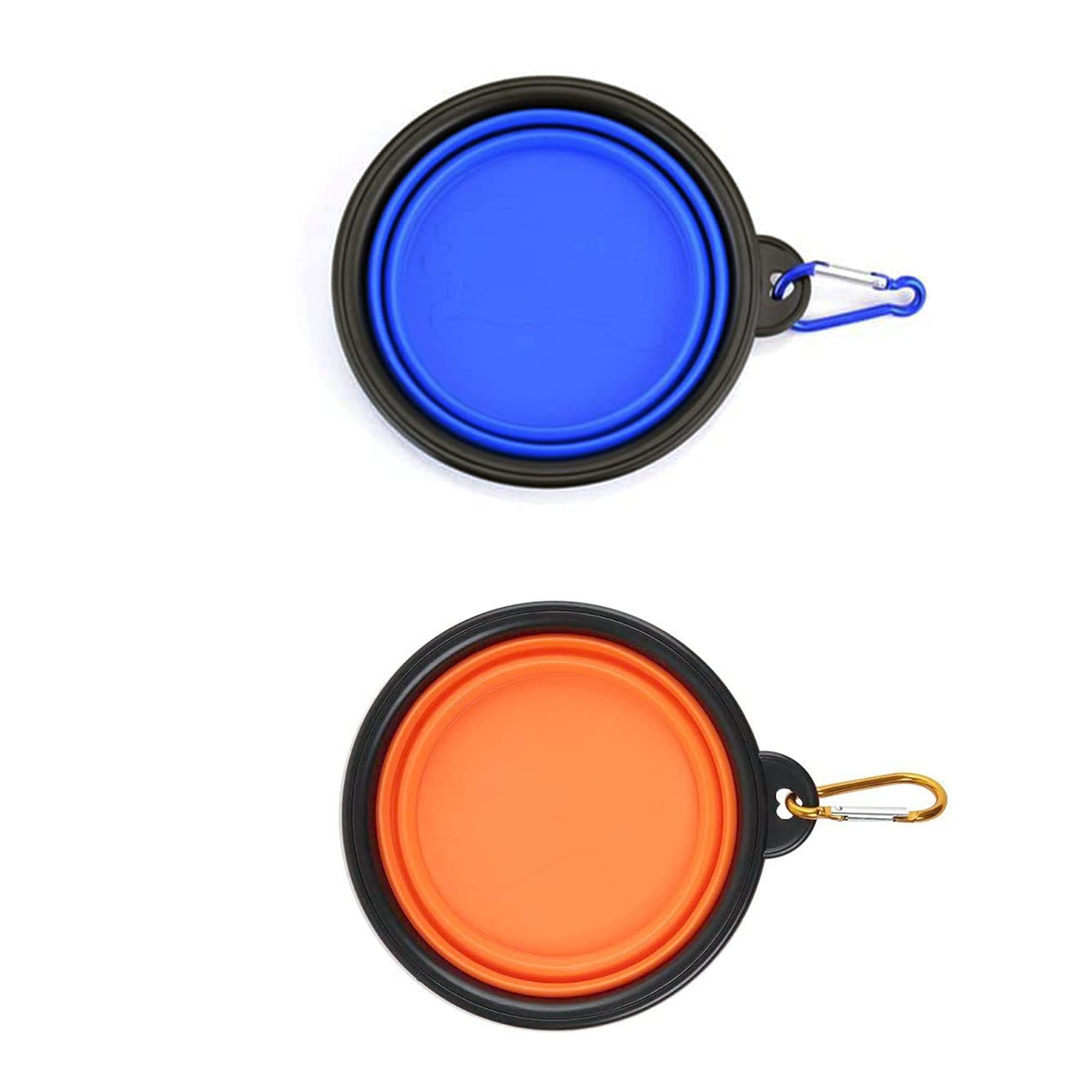 Collapsible Silicone Pet Bowl Set for Dogs & Cats - 2 Pack Travel Pop-Up Bowls with Carabiner (Orange & Blue) - Perfect for Hiking, Camping & Outdoor Adventures