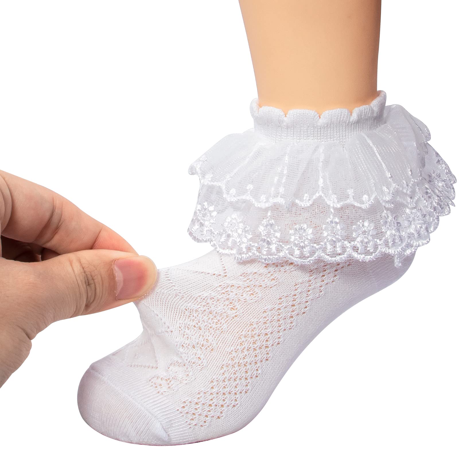 Looching 5 Pairs Baby Girls Ruffle Lace Socks - Soft Cotton Eyelet Mesh Frilly Ankle Socks for Toddlers 2-13T - Perfect for Princess Dresses & Special Occasions