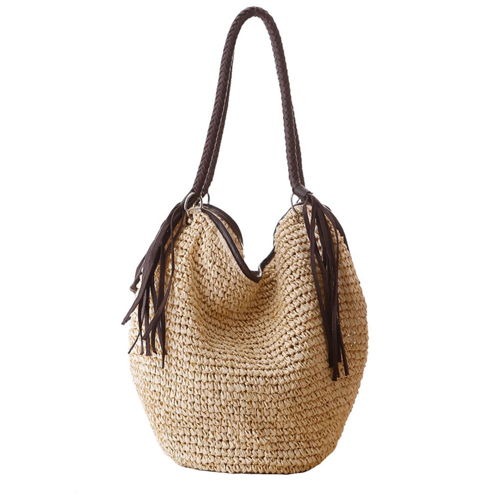 Women's Straw Shoulder Bag - Summer Beach Tote with Tassels, Cotton Lining & Top Handle - Casual Shopper Handbag or Bucket Bag for Beach Outings, Picnics, and Vacation Travel