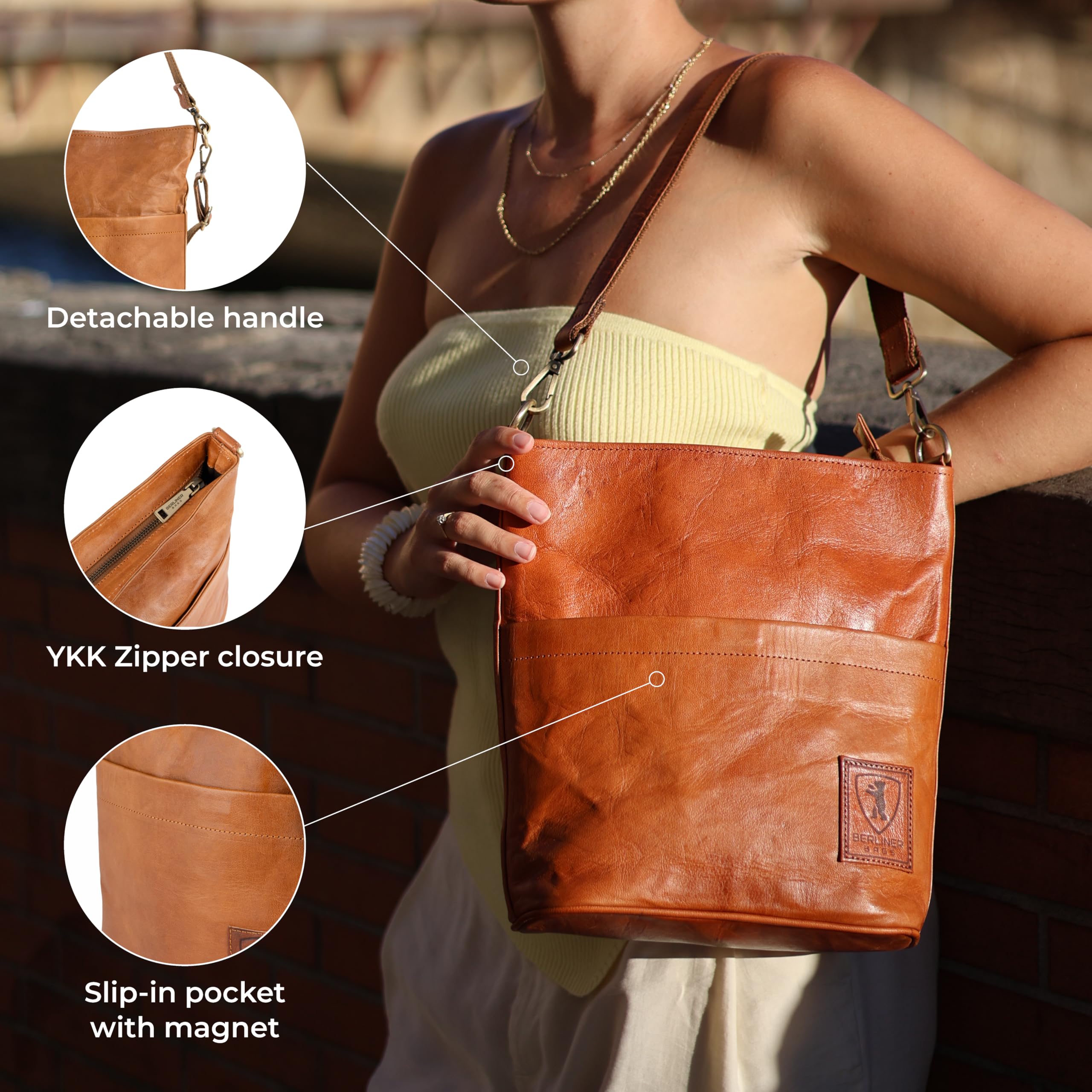 BERLINER BAGS Vintage Genuine Leather Shoulder Bag Sofia - Women's Crossbody Purse & Handbag for Everyday Use, Work, Travel & Date Night
