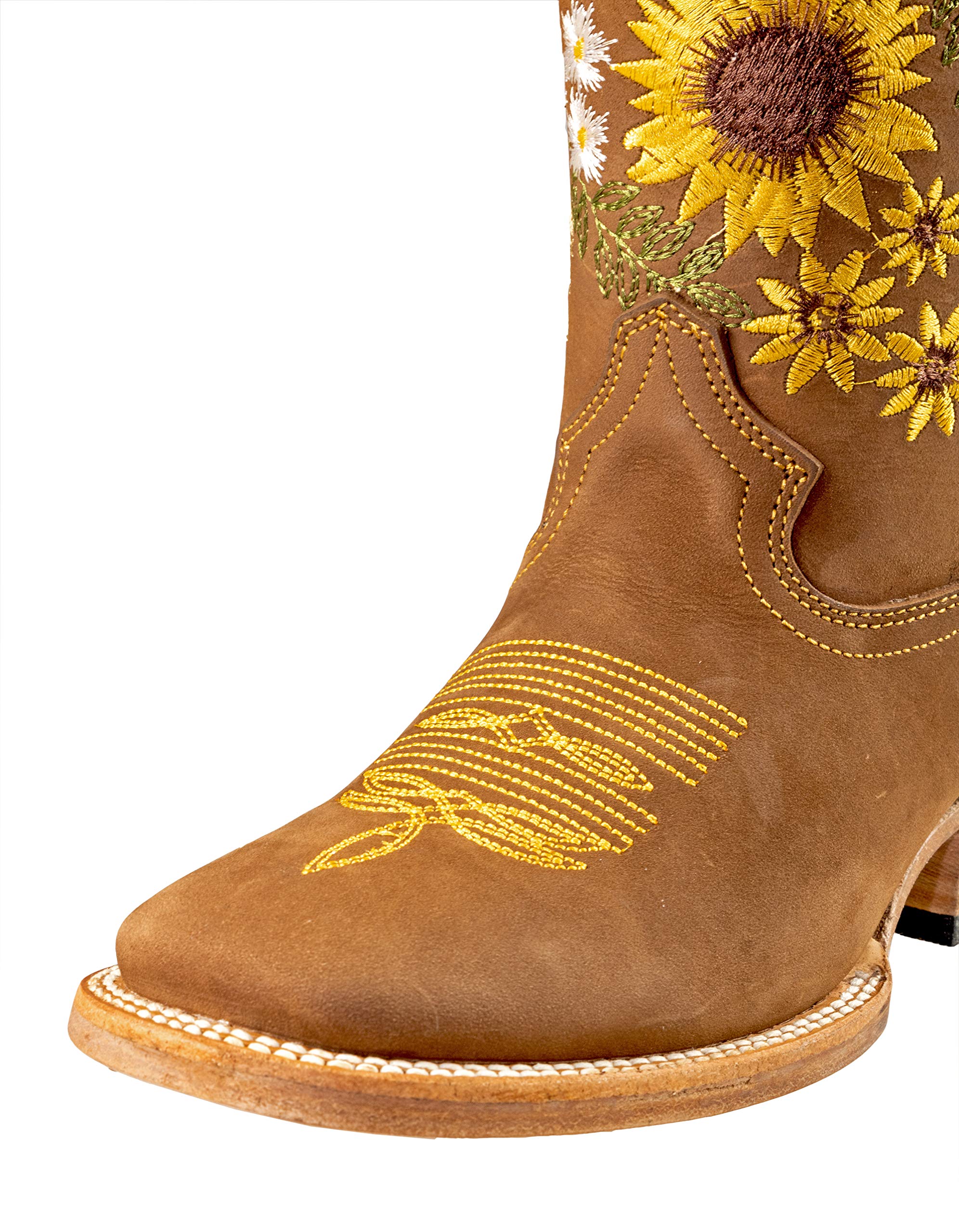 Women's Western Cowgirl Boots - Genuine Nubuck Leather, Honey Sunflower Stitching - Comfortable & Stylish for Country Dancing, Rodeo & Fashion Outfits