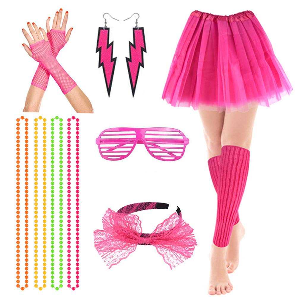 80s Retro Neon Costume Set for Women - Tutu Skirt, Leg Warmers, Gloves, Necklace, Headband, Earrings & Glasses | 80s Party, Halloween, Cosplay, Themed Events