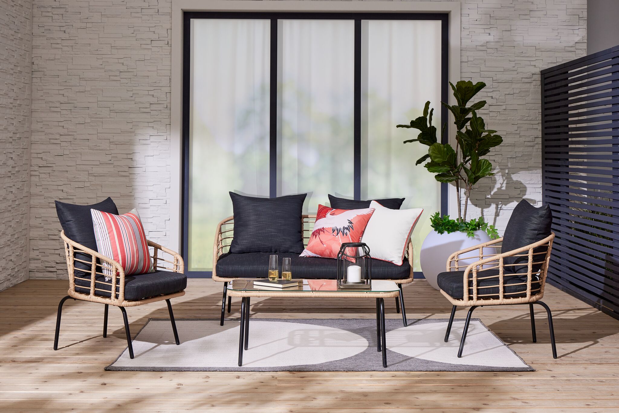 Belize 4-Piece Outdoor Patio Conversation Set - Beige & Black Wicker Furniture for Garden, Backyard, Poolside or Balcony Relaxation