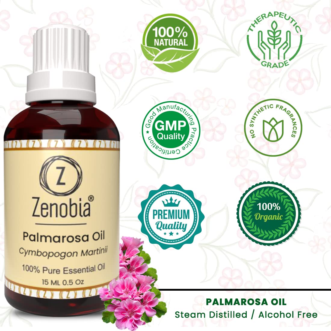 Zenobia Palmarosa Essential Oil - 100% Pure Natural Therapeutic Grade Oil for Hair Growth, Beard Care, Face & Skin Moisturizer (15ml) - Perfect for Aromatherapy, Massage & DIY Beauty Products