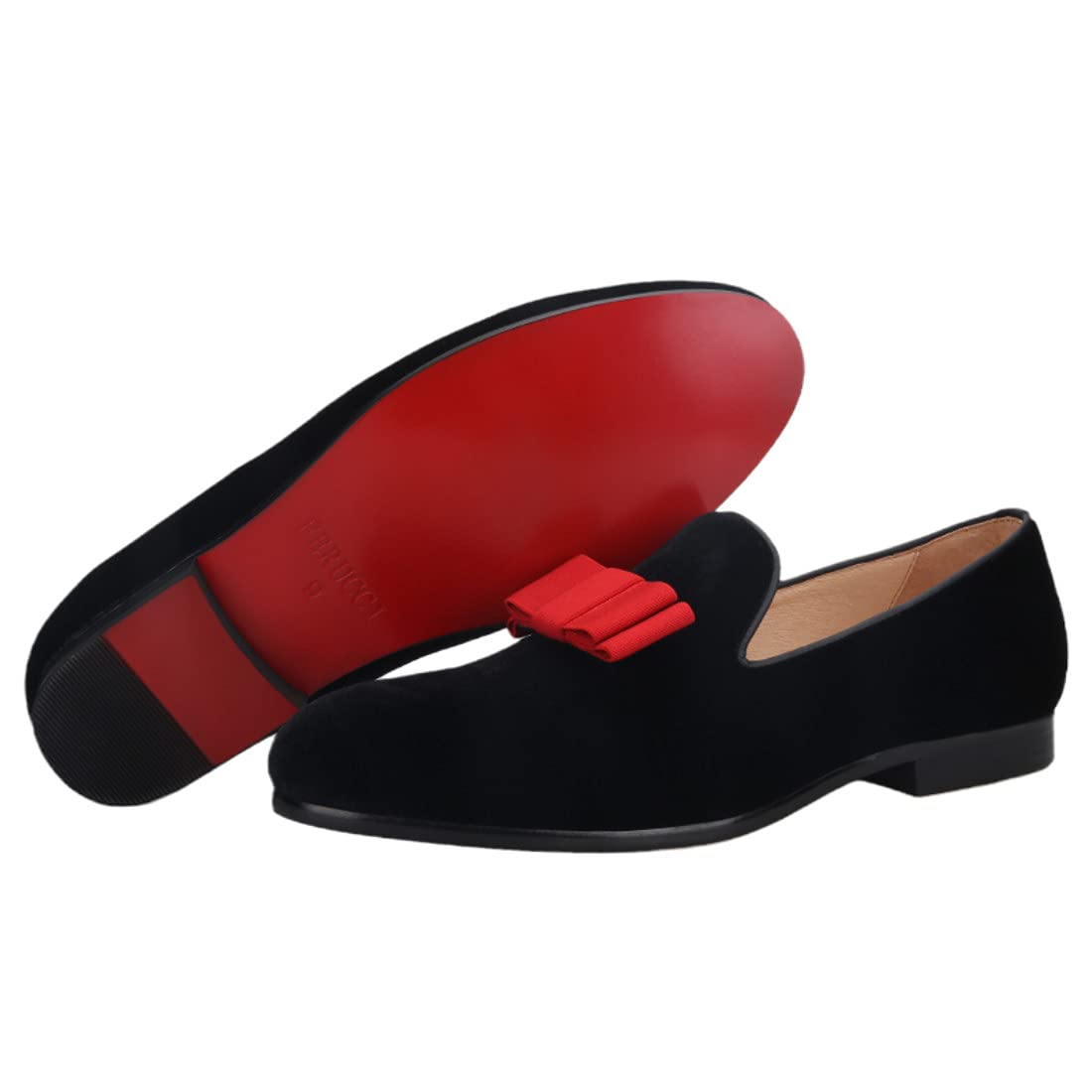 FERUCCI Men's Black Velvet Loafers with Red Bow - Formal Dress Shoes for Prom, Wedding & Evening Events - Comfortable Slippers for Special Occasions