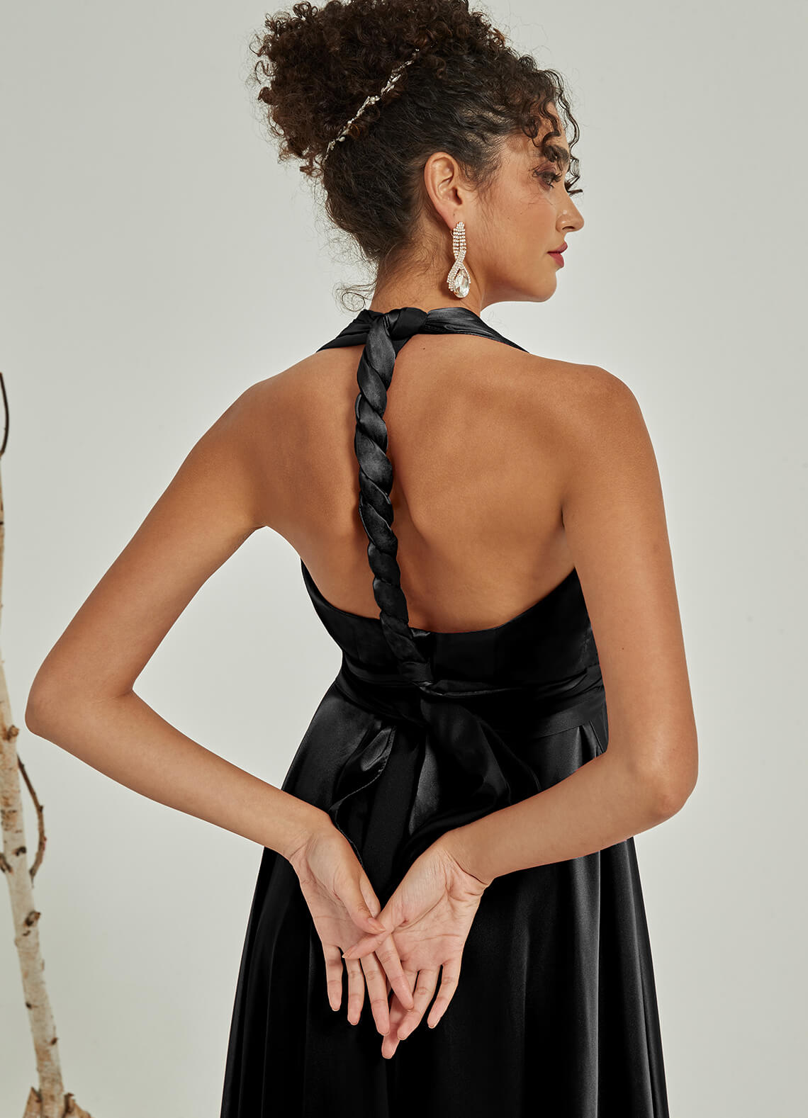 Elegant Black Satin Convertible Bridesmaid Dress - Multi-Way Wrap A-Line Gown for Weddings, Parties & Special Occasions