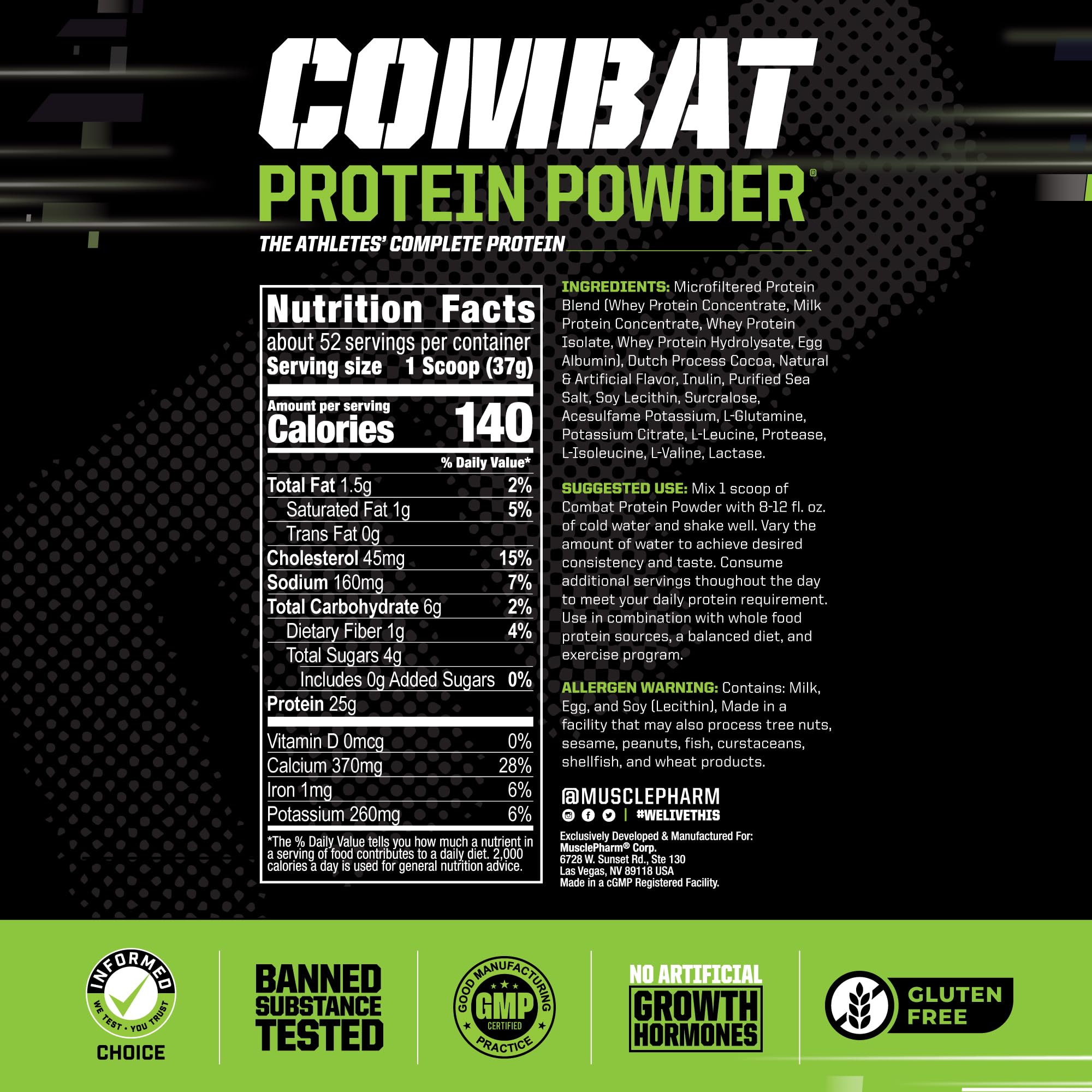 MusclePharm Combat Protein Powder - Chocolate Milk Flavor | 5 Protein Sources (Whey Isolate & Egg Albumin) | Gluten Free | 4.2lb (52 Servings) | Post-Workout Recovery & Muscle Growth Supplement for Athletes & Fitness Enthusiasts