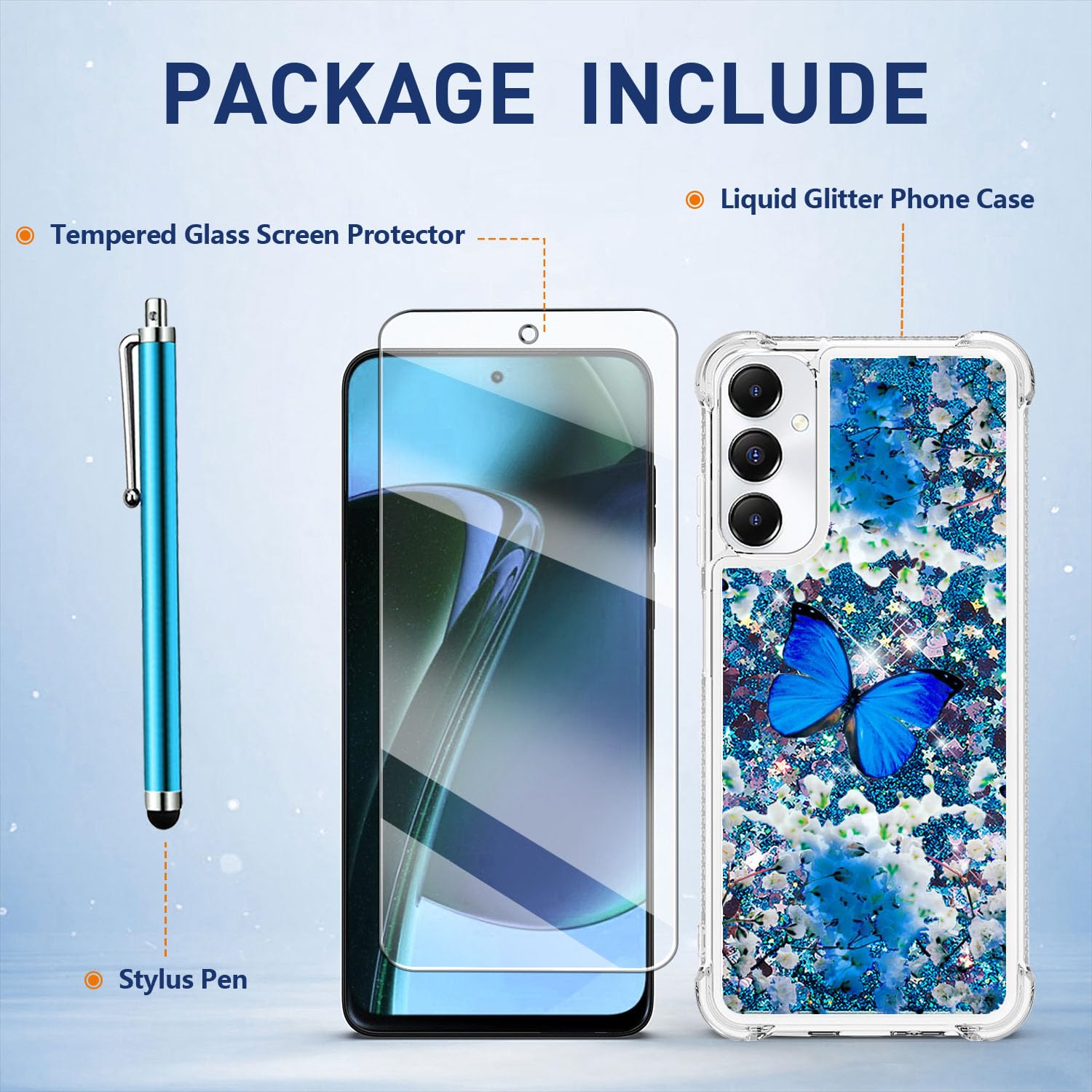 Cute Glitter Bling Liquid Shockproof Soft TPU Slim Silicone Phone Case for Samsung Galaxy A05S with Screen Protector - Blue Butterfly Design | Protective Cover for Women & Girls | Perfect for Everyday Use, Work, and Travel