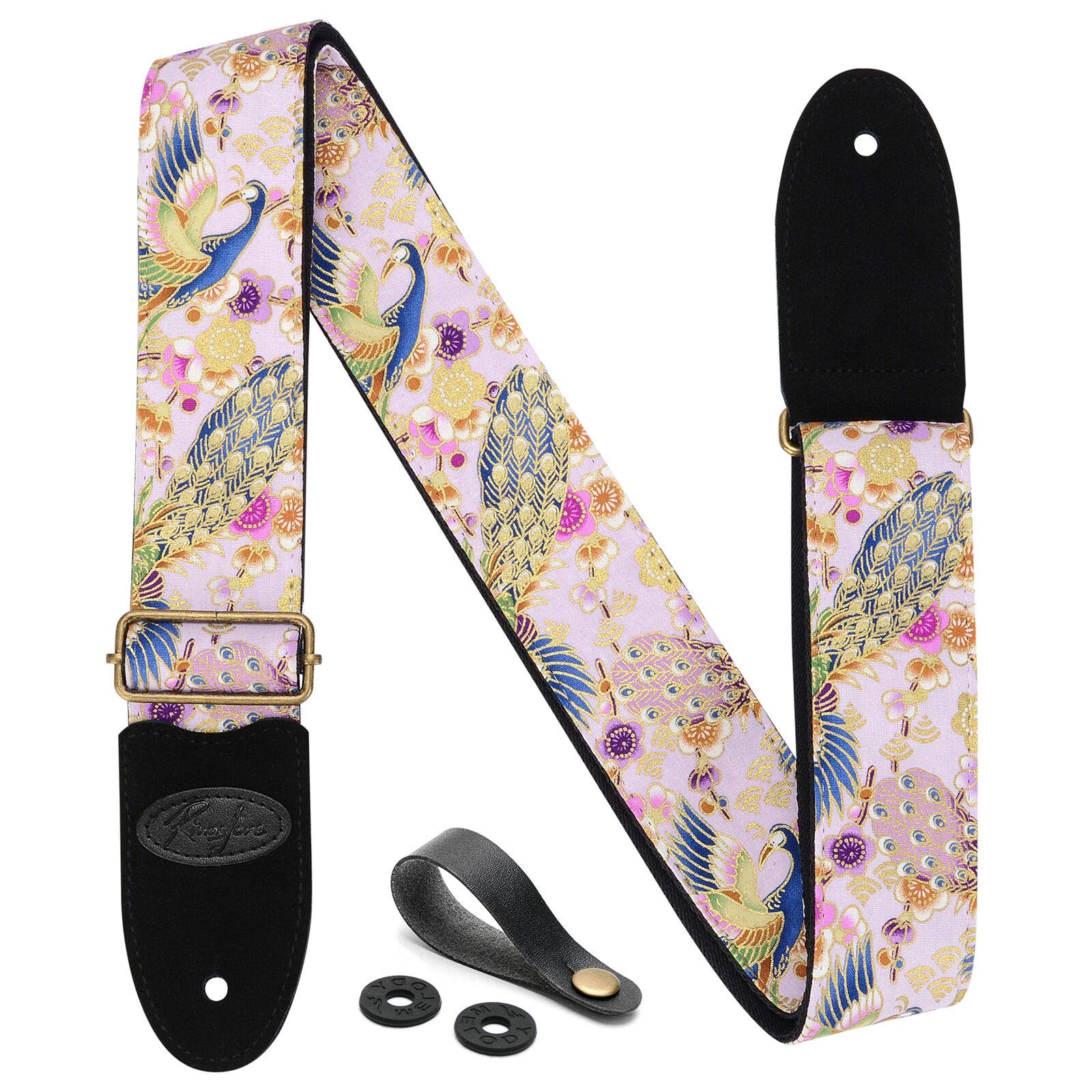 Premium Embroidered Acoustic Guitar Strap with Genuine Leather Ends - Adjustable for Electric & Bass Guitars - Secure Button & Dual Lock System - Perfect for Live Performances, Studio Sessions & Music Practice