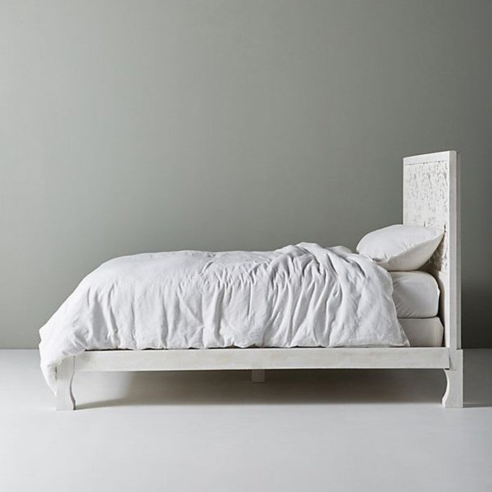 Hand Carved Indian Wooden Bed Frame - Dynasty Low Line Style in White | Solid Wood Platform Bed for Master Bedroom, Guest Room & Bohemian Decor