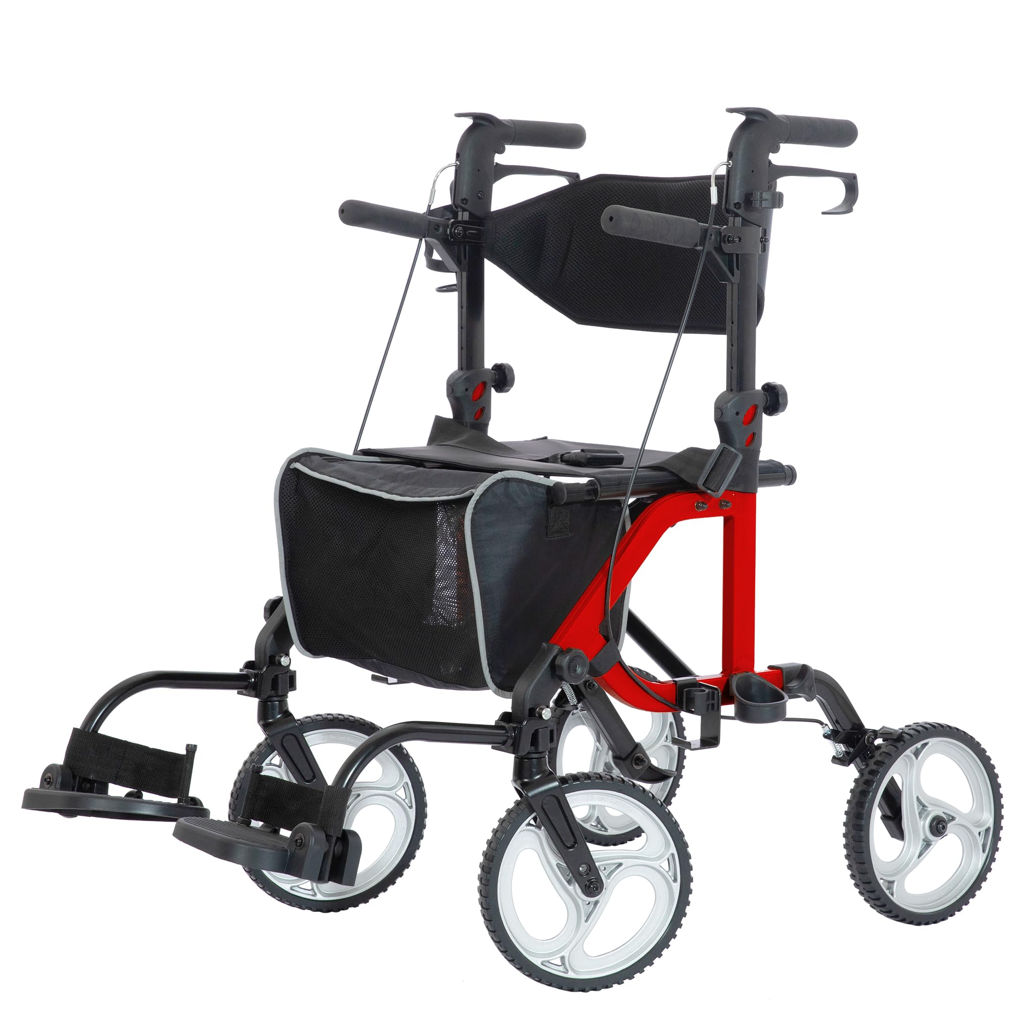 ELENKER 2 in 1 Rollator Walker & Transport Chair - Folding Wheelchair with 10” Non-Slip Wheels for Seniors & Elderly - Reversible Backrest & Detachable Footrests - Red - Ideal for Indoor & Outdoor Mobility Assistance, Shopping & Doctor Visits