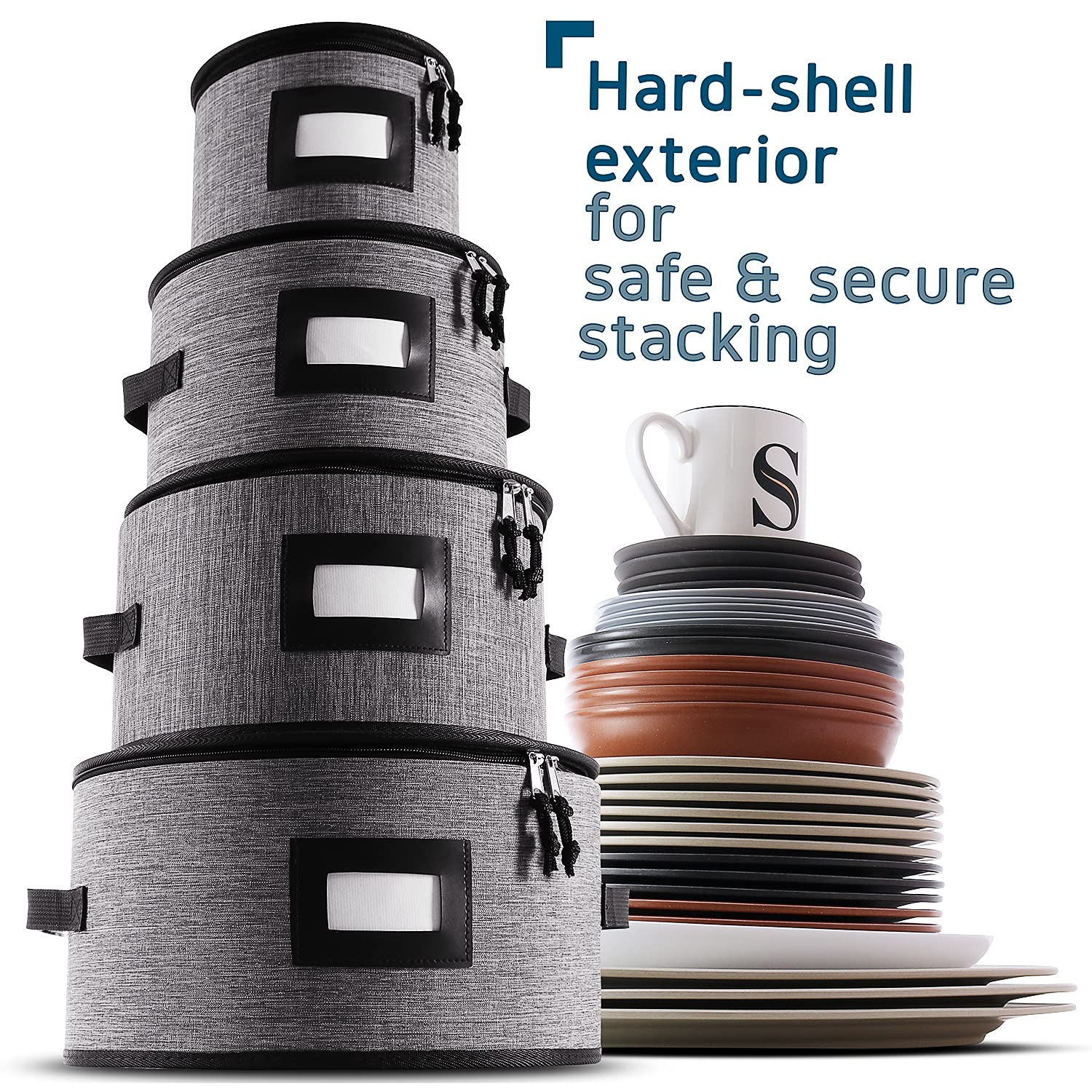 Premium 5-Piece Fine China Storage Set – Hard Shell Quilted Dish Organizer with Dividers, Stackable Mug & Plate Containers for Moving, Seasonal Storage & Kitchen Organization – Perfect for Home, Office & Restaurant Use