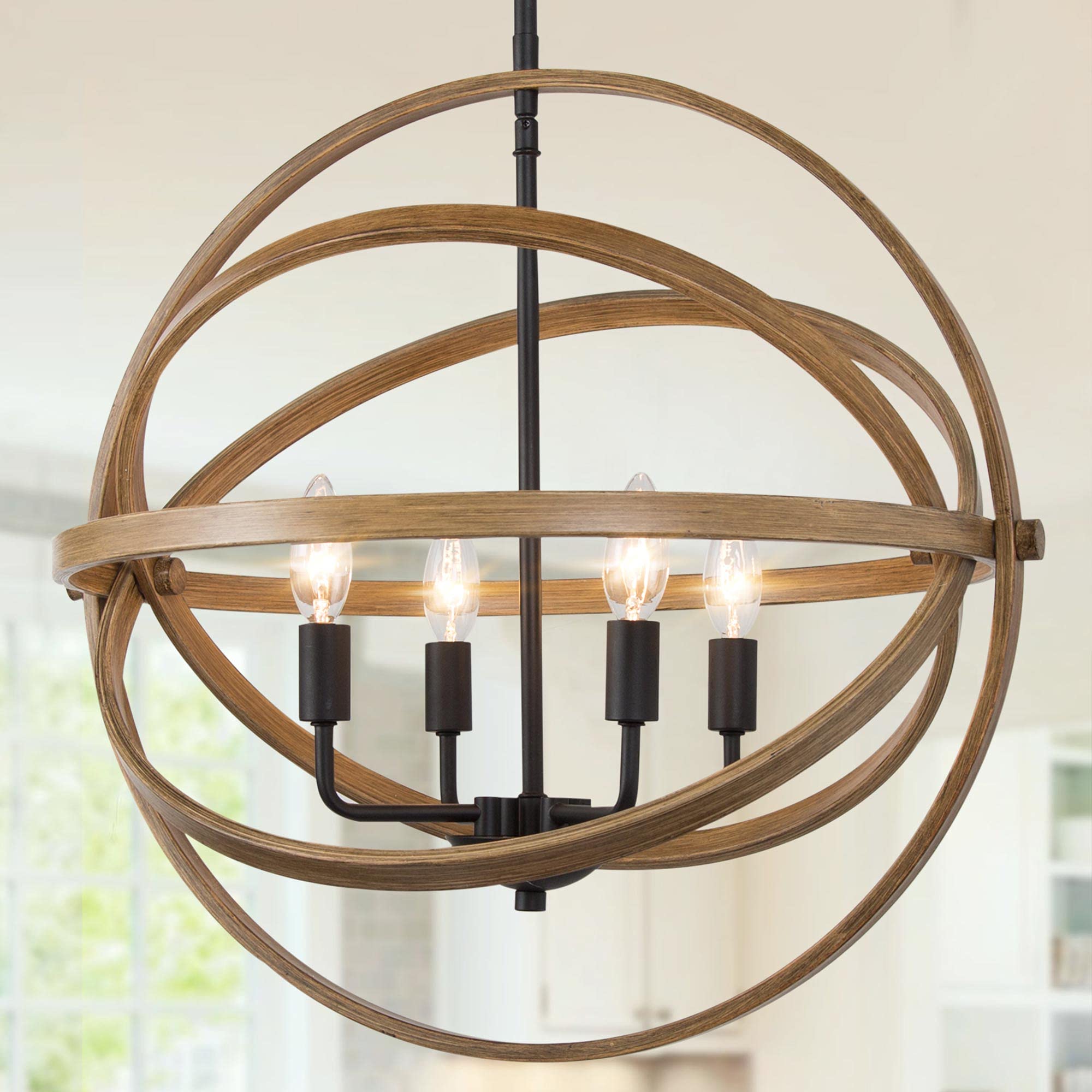 Farmhouse Chandelier Lighting - 4-Light Orb Pendant Light Fixture with Wood Finish, 21