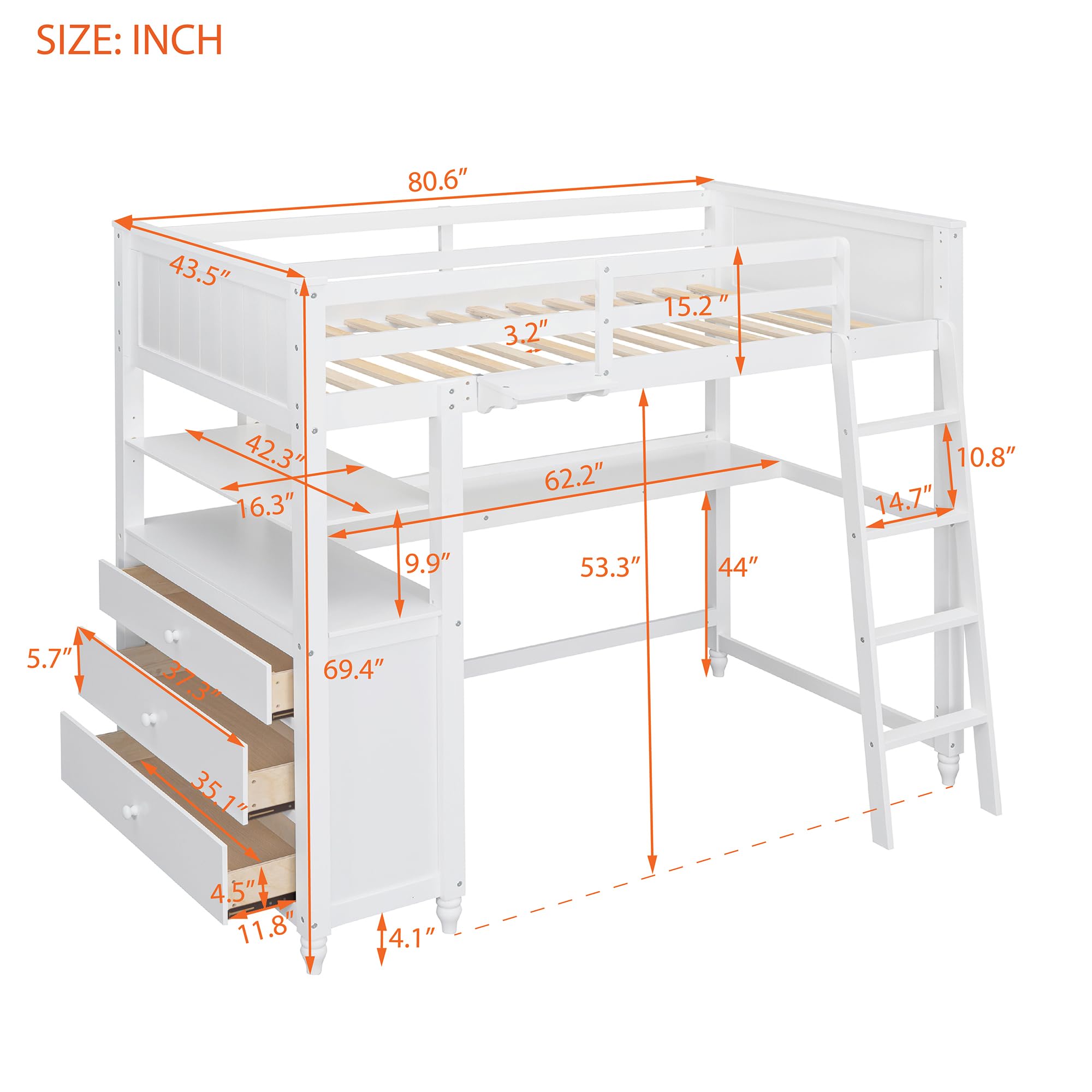 White Twin Loft Bed with Desk & Drawers for Kids, Teens & Adults - Space-Saving Bedroom Solution
