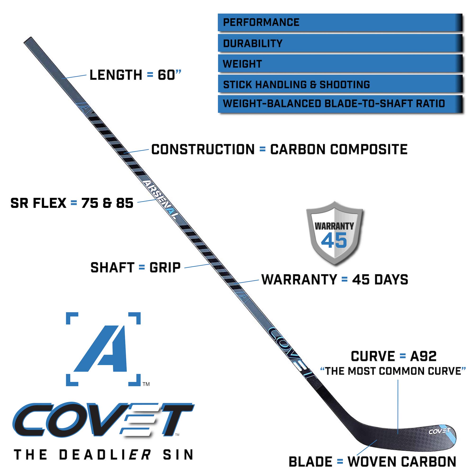 Arsenal Covet Performance Carbon Fiber Ice Hockey Stick - Left Handed, A92 Curve, Senior/Adult Size, 85 Flex with Grip Coating | Professional Hockey Equipment for Games & Training