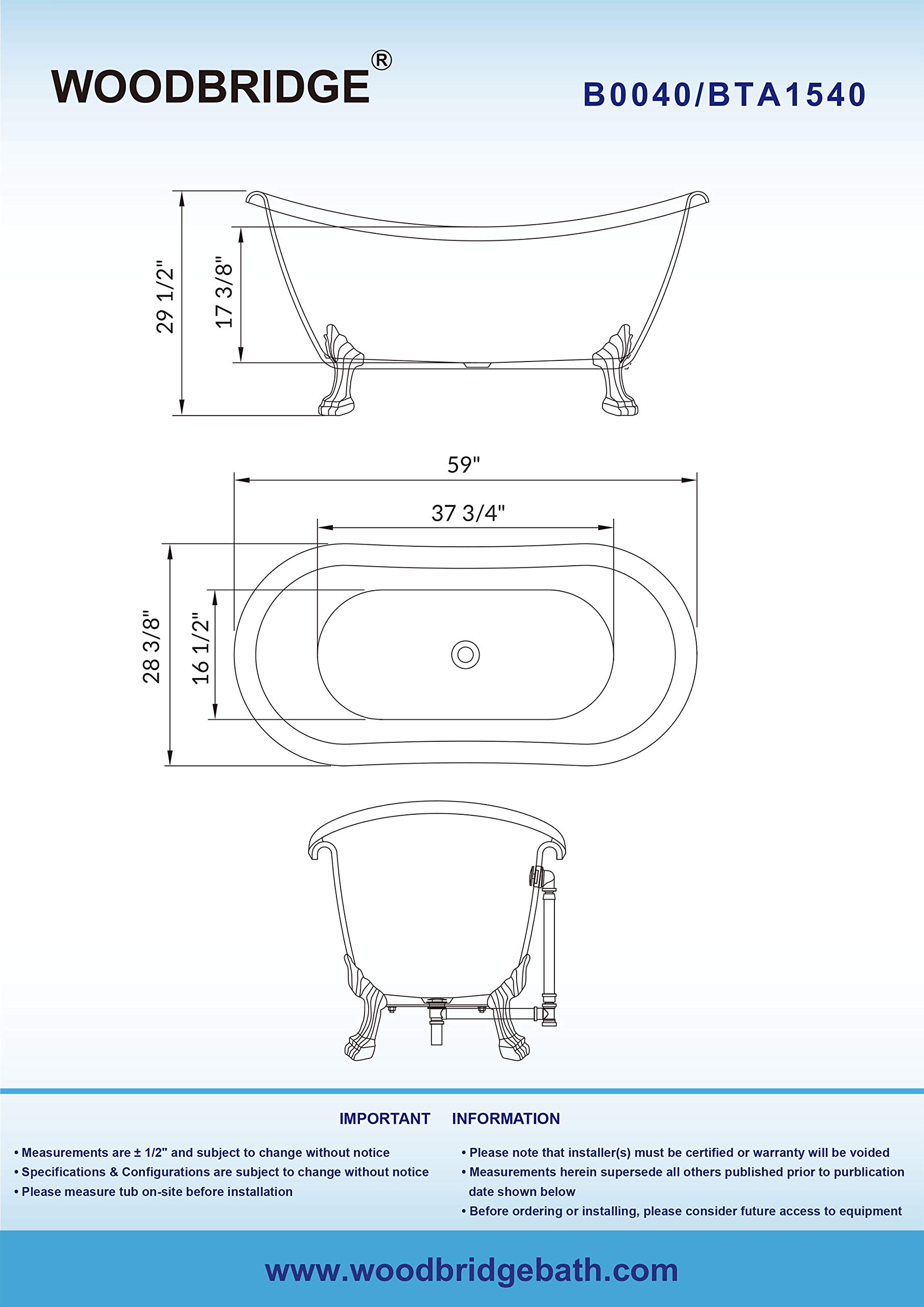 WOODBRIDGE BTA1540-ORB Freestanding Bathtub with Feet & Drain in Oil Rubbed Bronze - Perfect for Modern Bathroom & Spa Retreat