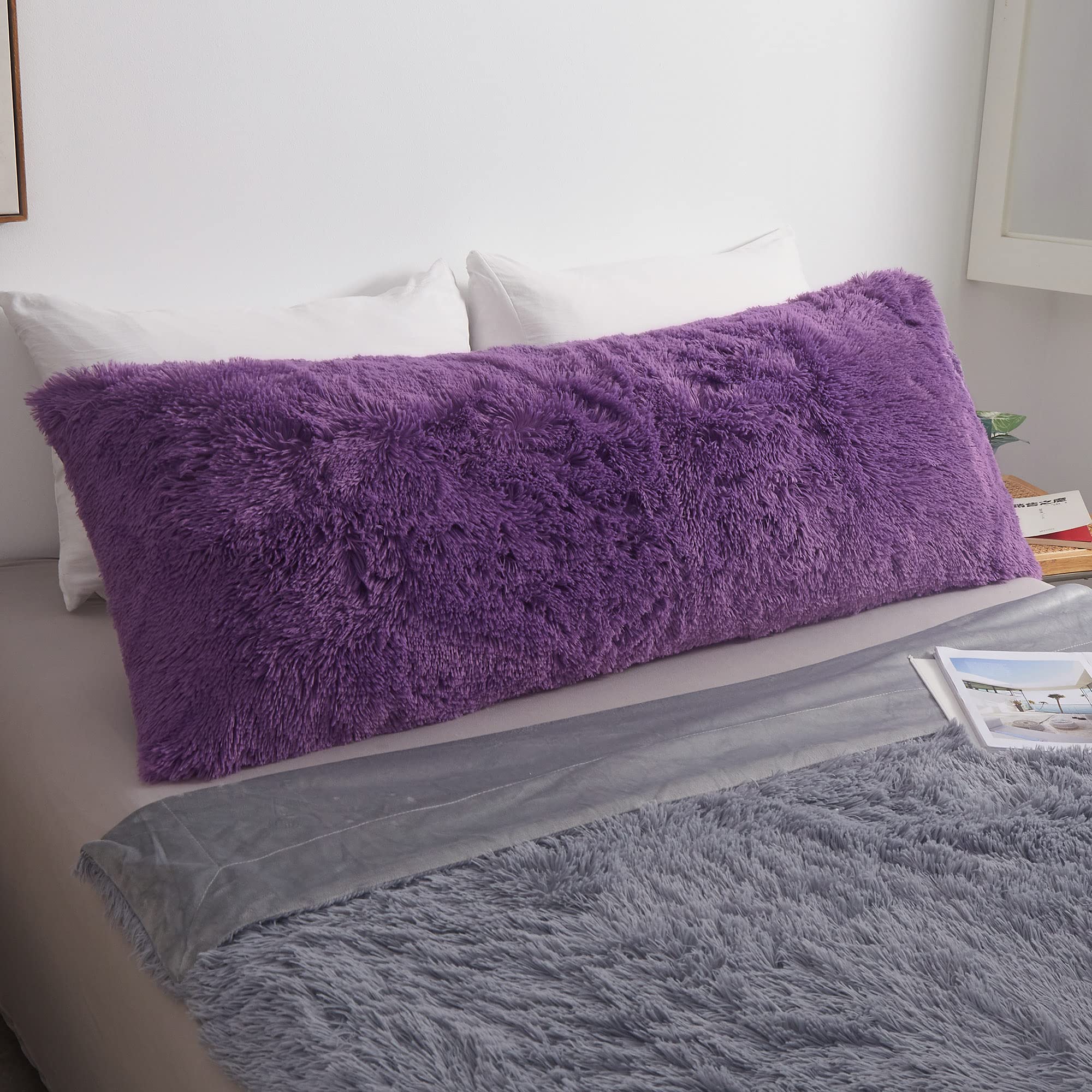 MEGO Shaggy Plush Body Pillow Cover - Soft Purple Faux Fur Fluffy Pillowcase 20x54 Inches - Boho Fuzzy Long Pillow Sham with Hidden Zipper for Bed, Couch & Living Room - Cozy Home Decor for Relaxation & Netflix Nights