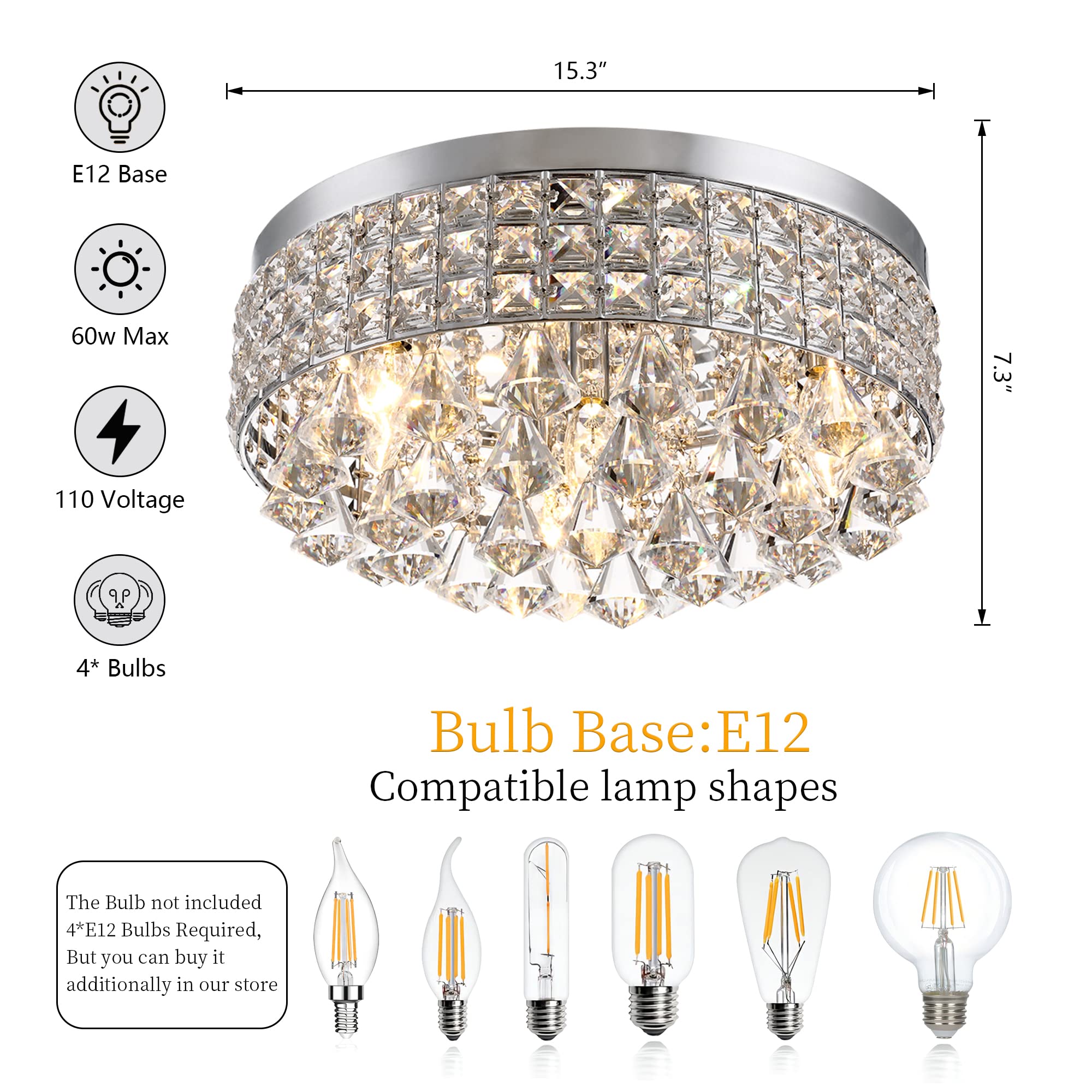 Maxax 4-Light Crystal Chandelier - Modern Drum Ceiling Light Fixture with Raindrop Design, Round Metal Shade Flush Mount Lighting for Dining Room, Living Room, Bedroom, Bathroom (Chrome Finish) - Perfect for Home Decor, Wedding Venues, and Restaurant Lighting