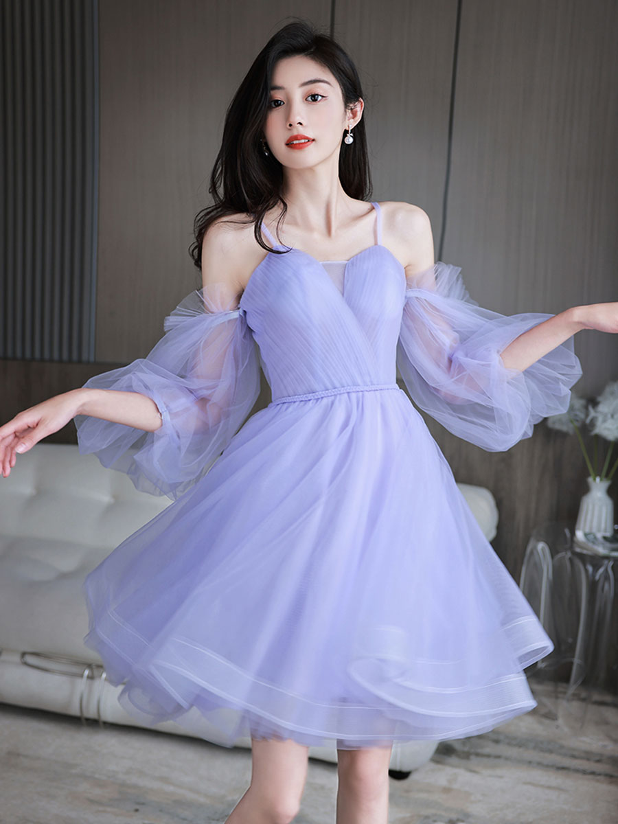 Elegant Purple Sweetheart Neckline Tulle Short Prom Dress - Puffy Ball Gown Homecoming Dress for Teens | Perfect for Prom Night, Homecoming Dance, and Special Occasions