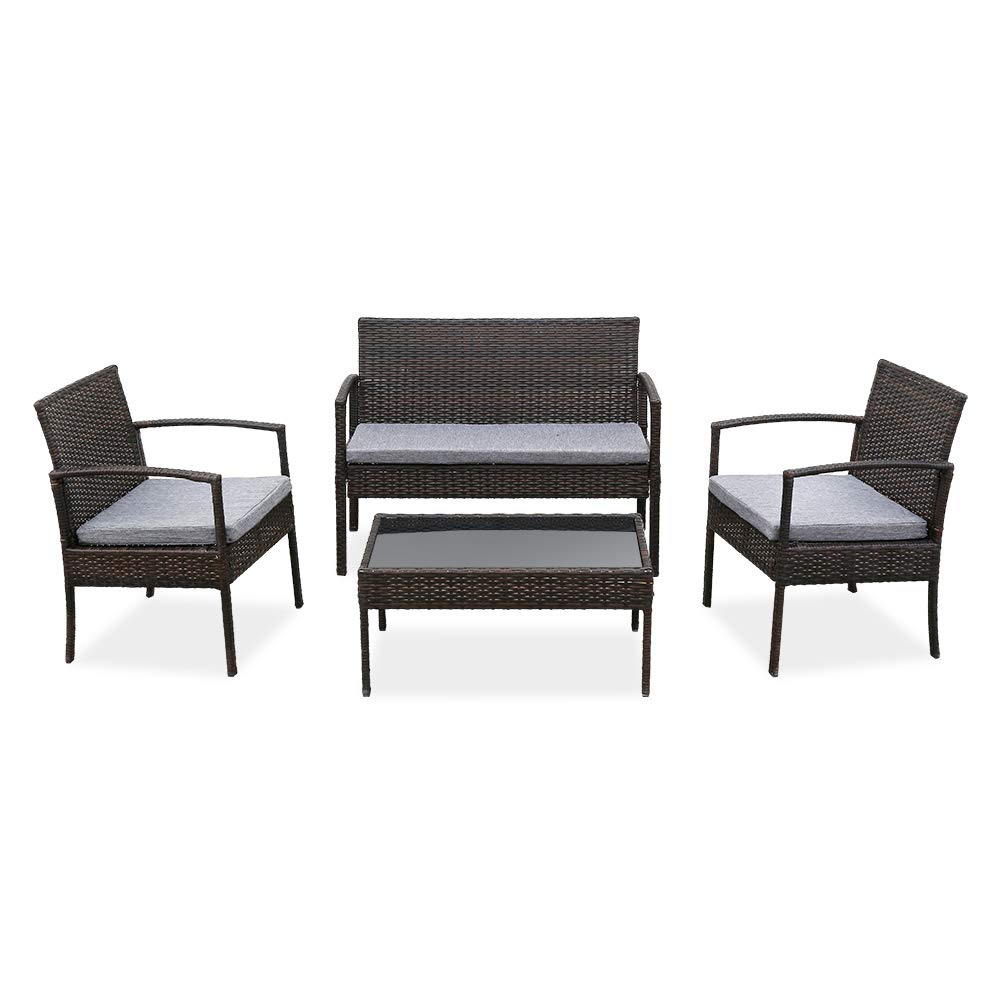 4-Piece Outdoor Patio Rattan Wicker Furniture Set with Coffee Table & Cushioned Sofa - Light Grey - Perfect for Garden, Backyard, Poolside & Balcony Relaxation