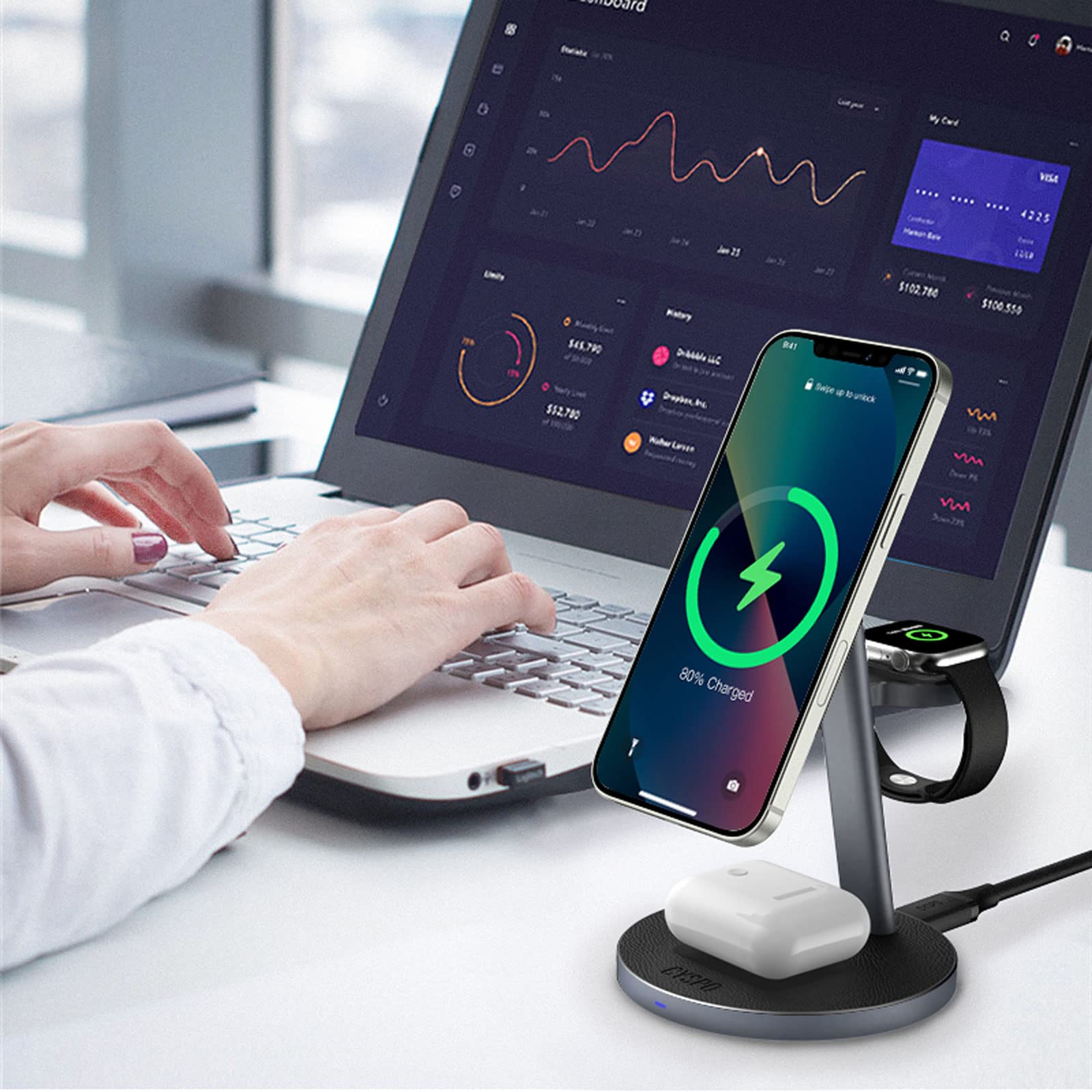 3-in-1 Magnetic Wireless Charging Station for iPhone 15/14/13/12 Series, Apple Watch & AirPods - Fast MagSafe Charger with Aluminum Alloy Stand (Includes Cable & Wall Adapter) - Perfect for Home, Office & Travel Charging