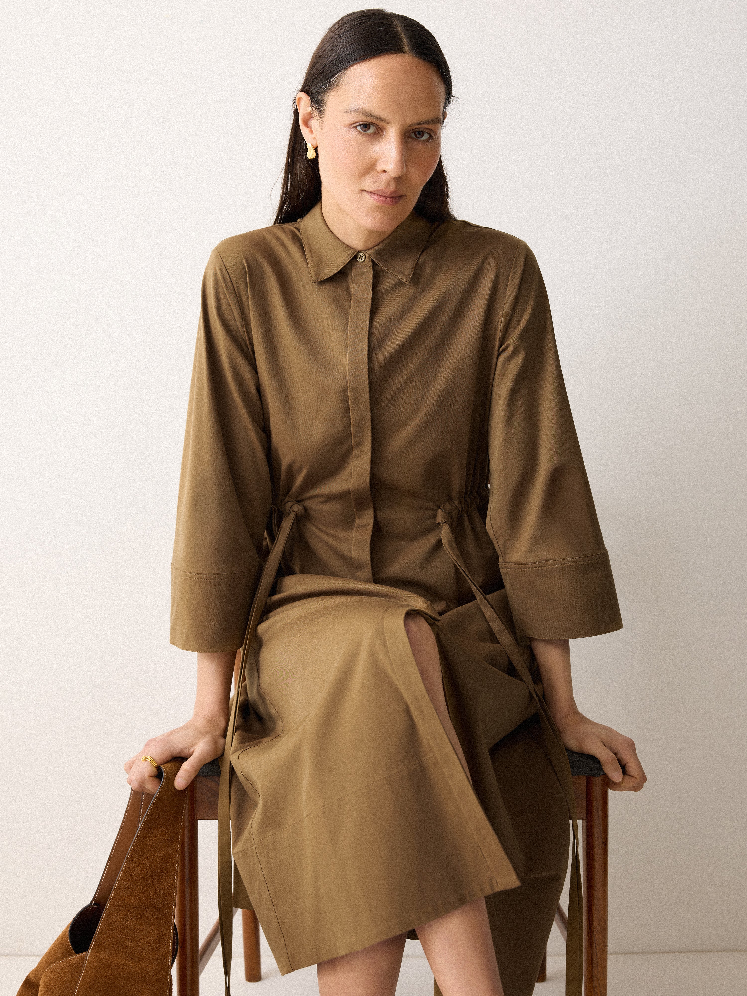 Cotton Tie Waist Shirt Dress for Women | Khaki Casual Summer Dress | Perfect for Office, Beach & Date Night