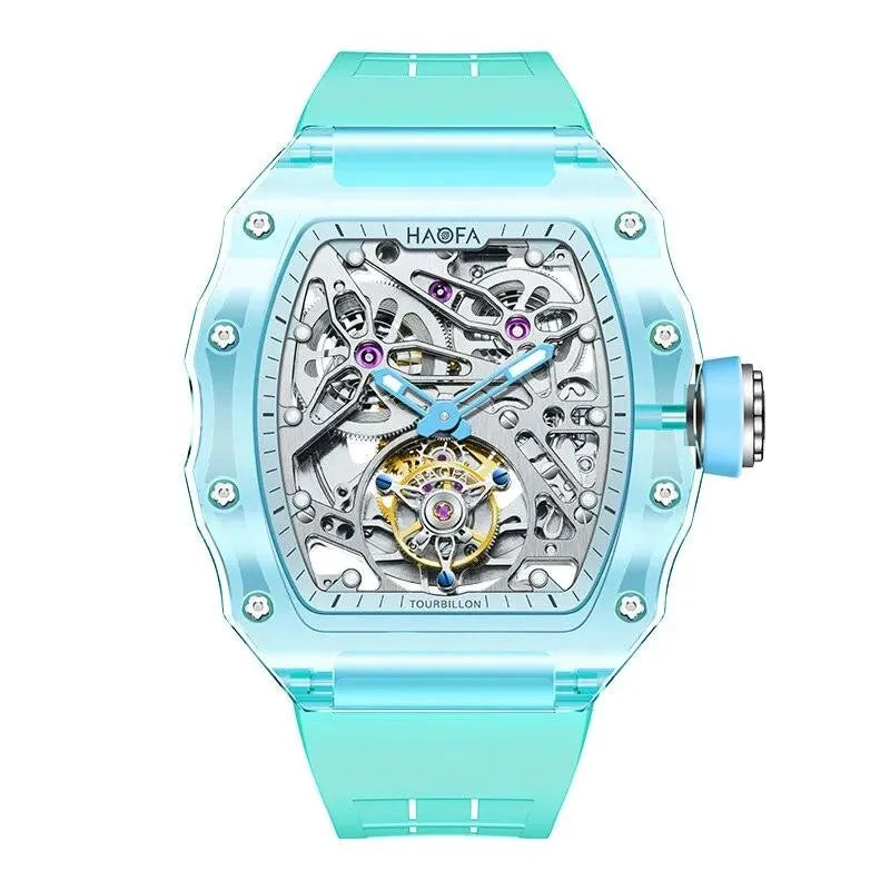 Haofa Luxury Men's Flying Tourbillon Watch - Crystal Clear Transparent Skeleton Design, Waterproof, Luminous, Automatic Mechanical Movement (Model 2201) - Perfect for Business, Formal Events & Luxury Gift Giving