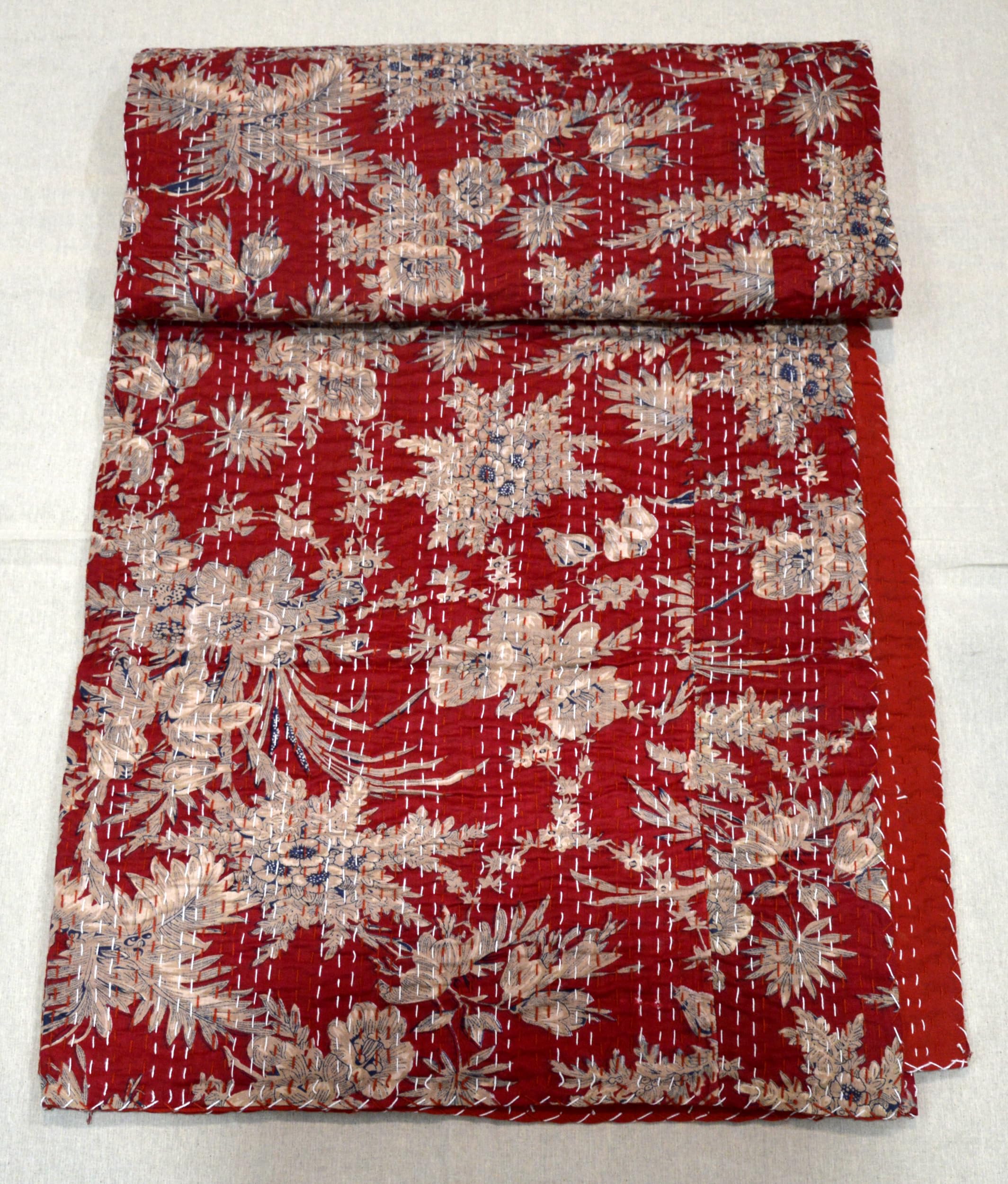 Handmade Cotton Kantha Quilt - Reversible Lightweight Indian Blanket & Boho Throw for Queen Size Bed (Red) - Perfect for Cozy Bedroom Decor, Guest Room Accent, or Boho-Chic Living Room