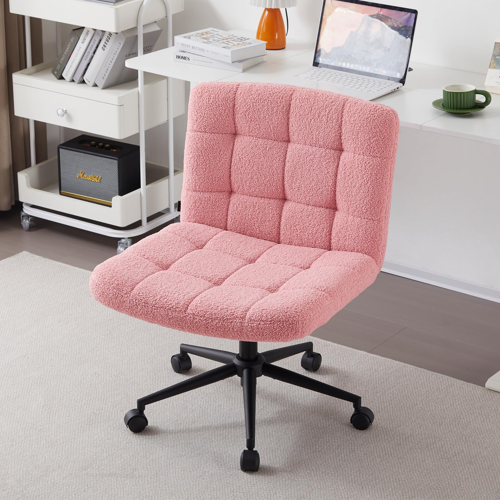 Furnimart Swivel Criss Cross Legged Office Chair with Wheels - Adjustable Height Armless Desk Chair with Comfy Seat, Faux Fur Pink - Perfect for Home Office, Vanity, Bedroom & Small Spaces