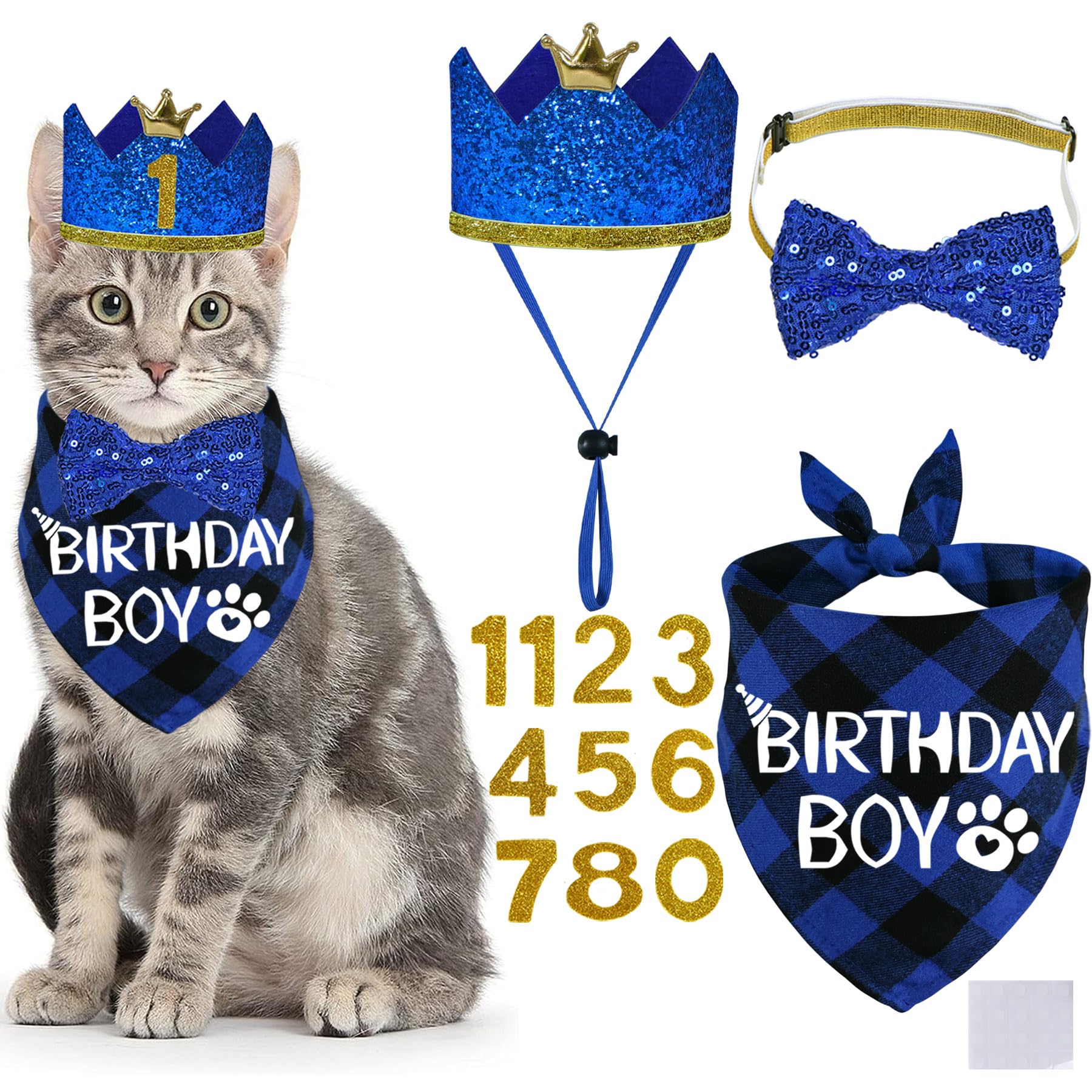 STMK Cat Birthday Party Supplies Set - Cat Birthday Hat with Numbers, Bandana & Bow Tie for Birthday Boy - Perfect for Cat Birthday Decorations & Themed Parties