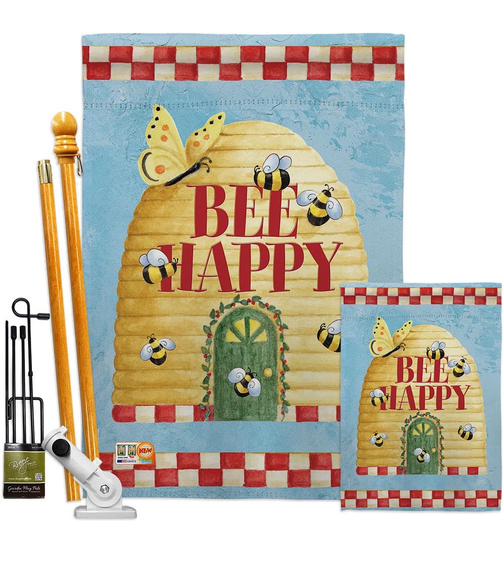 Bee Happy Hive Garden House Flags Kit - Spring Butterfly Ladybugs Dragonfly Decor - Natural Wildlife Yard Banner Gift (28x40 Inches) Made in USA - Perfect for Spring Gardens, Outdoor Decor & Wildlife Lovers