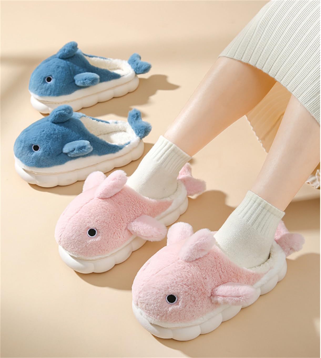 Soft Plush Shark Slippers for Men & Women - Cozy Winter Indoor/Outdoor House Shoes with Thick Sole - Warm Animal Cartoon Cotton Slippers for Home, Office & Travel Use