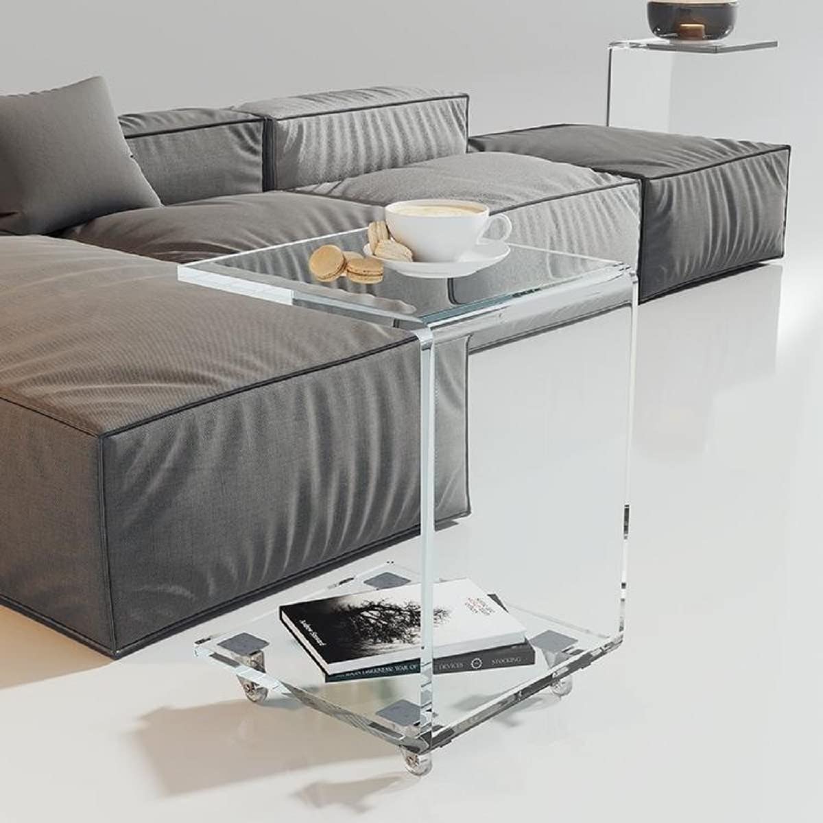Gdrasuya10 Clear Acrylic C-Shaped End Table with Wheels - 2-Tier Rolling Side Table with Tray for Snacks, Living Room, Bedroom & Couch - Portable Mobile Sofa Table for Easy Movement Between Rooms