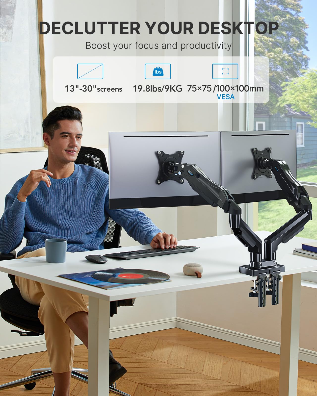 HUANUO Dual Monitor Stand for 30 Inch Screens & Single Monitor Stand for 35 Inch Screens - Adjustable Ergonomic Desk Mount for Home Office, Gaming, and Workspace Setup