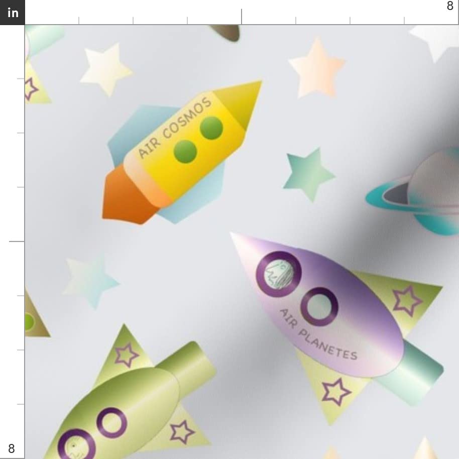 Rocketships Outer Space Exploration Kids Gender Neutral Science Planets Printed Denim Fabric Fat Quarter - Bottomweight Apparel & Home Decor Upholstery Material for DIY Crafts, Kids Room Decor, Space Themed Bedding