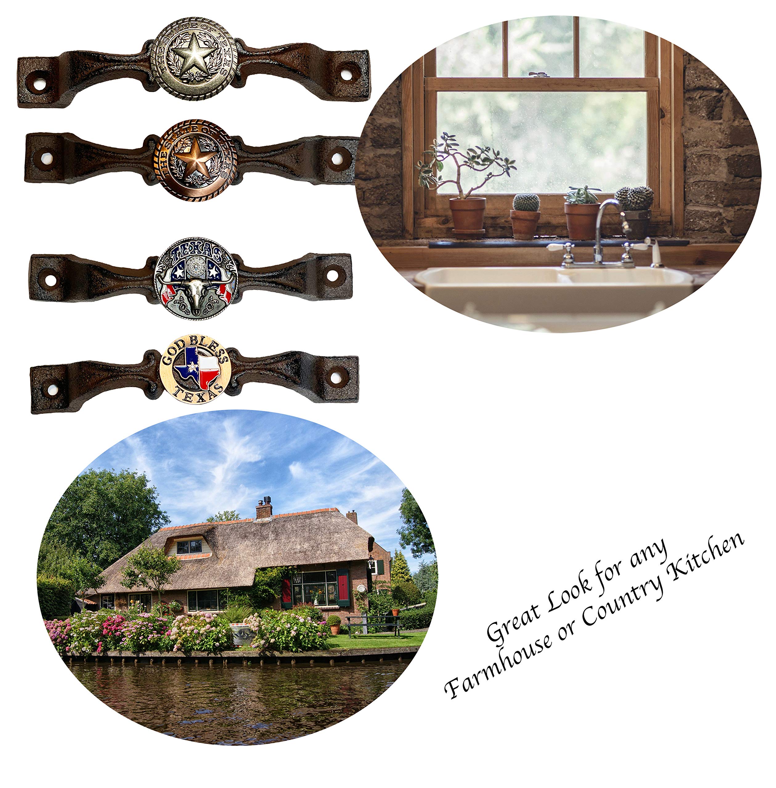Urbalabs Cast Iron Texas State Concho - Rustic Longhorn Kitchen Cabinet Handles & Drawer Pulls for Farmhouse Decor (10-Pack, Silver Star) - Perfect for Cabinets, Dressers, and Western-Themed Home Décor